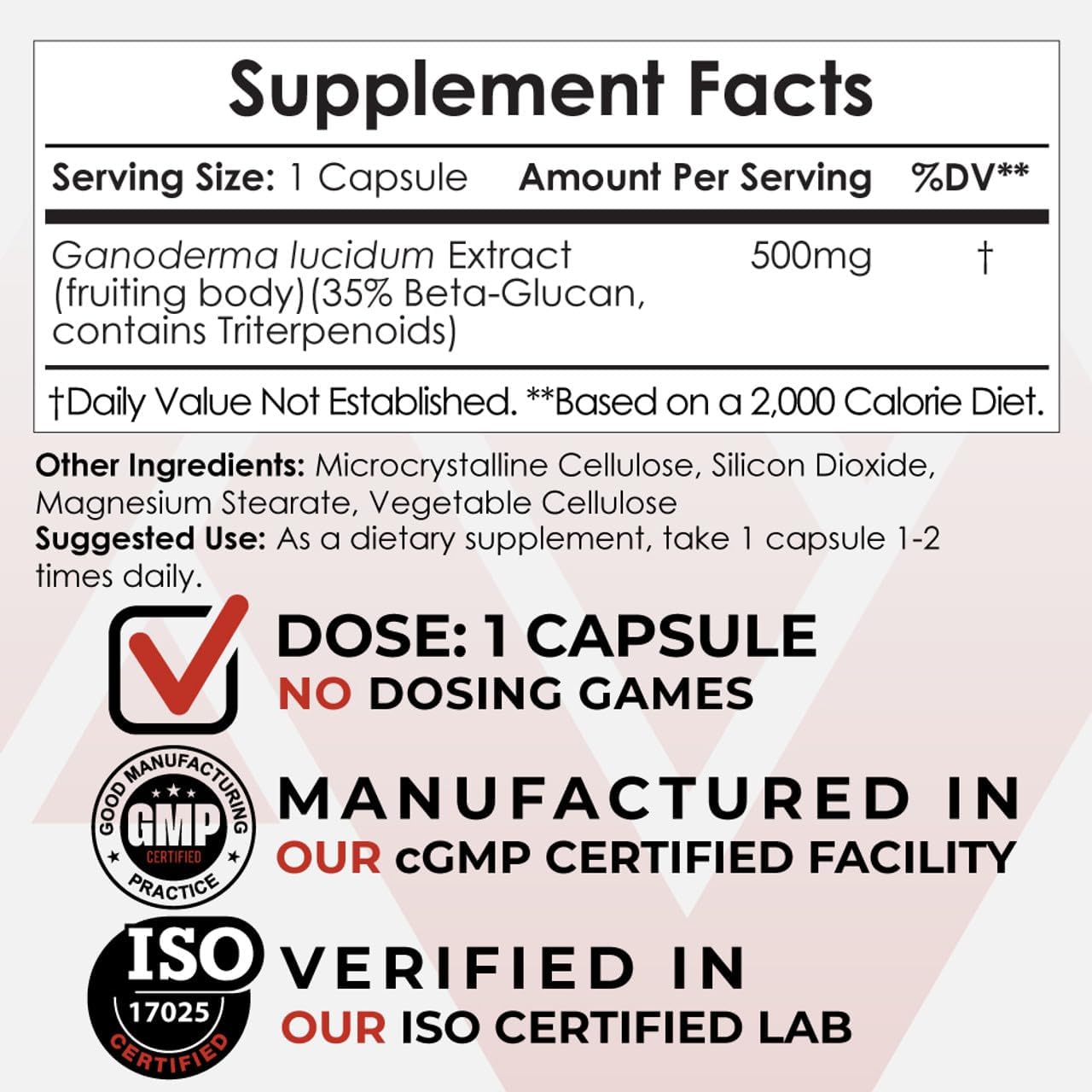 500mg Red Reishi Mushroom Capsules | 60 Count | Whole Fruiting Body Extract | Immune System Support