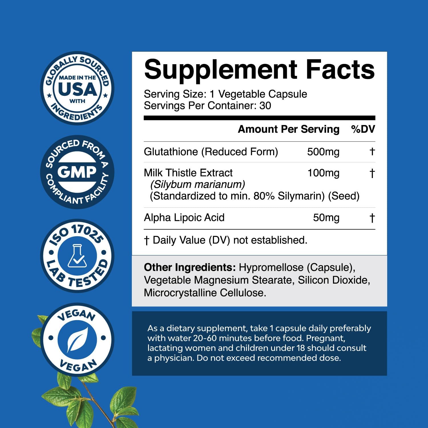500mg Reduced Glutathione Supplement with Milk Thistle, Alpha Lipoic Acid, and Silymarin Complex for Liver, Skin, and Immune Support - 30 Servings