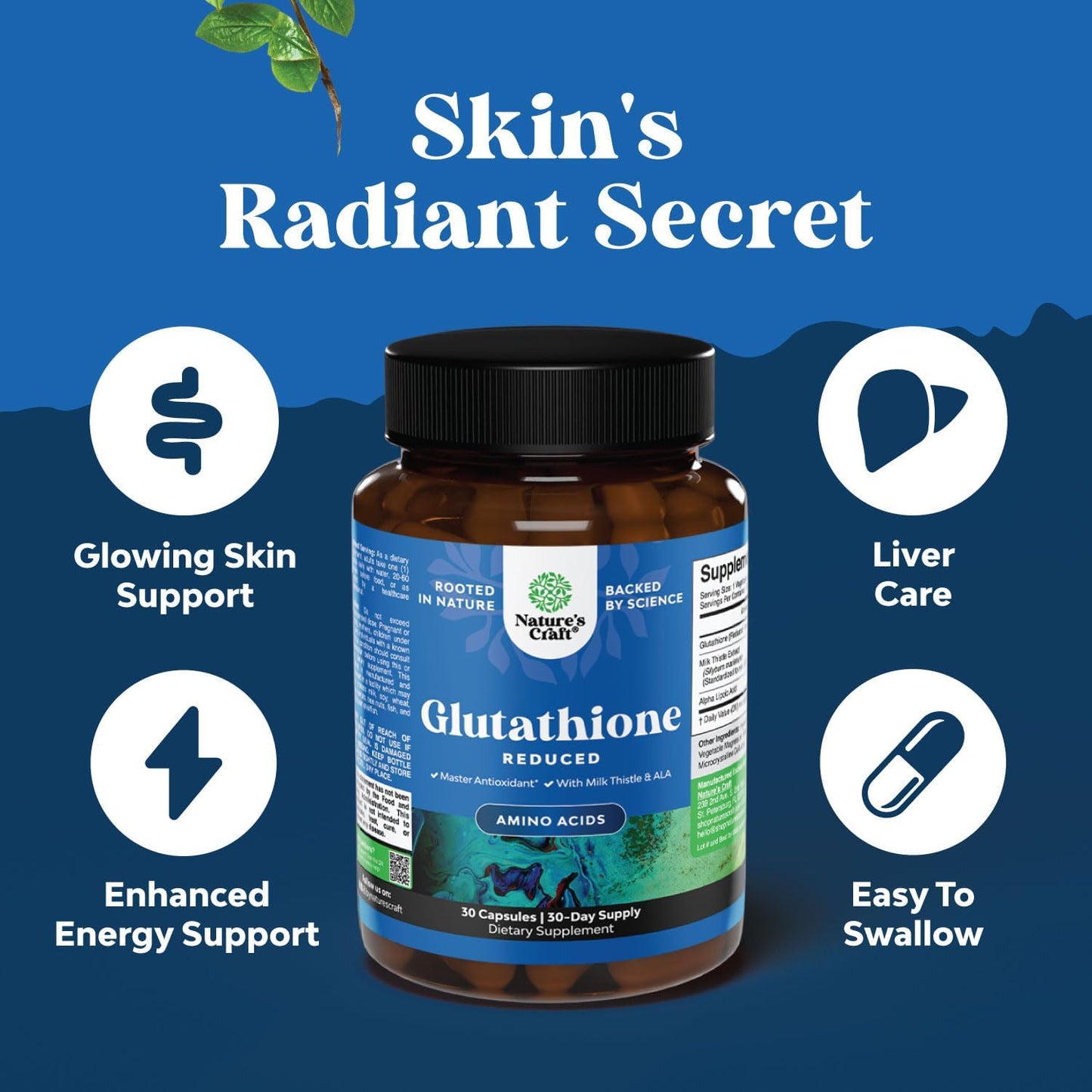 500mg Reduced Glutathione Supplement with Milk Thistle, Alpha Lipoic Acid, and Silymarin Complex for Liver, Skin, and Immune Support - 30 Servings