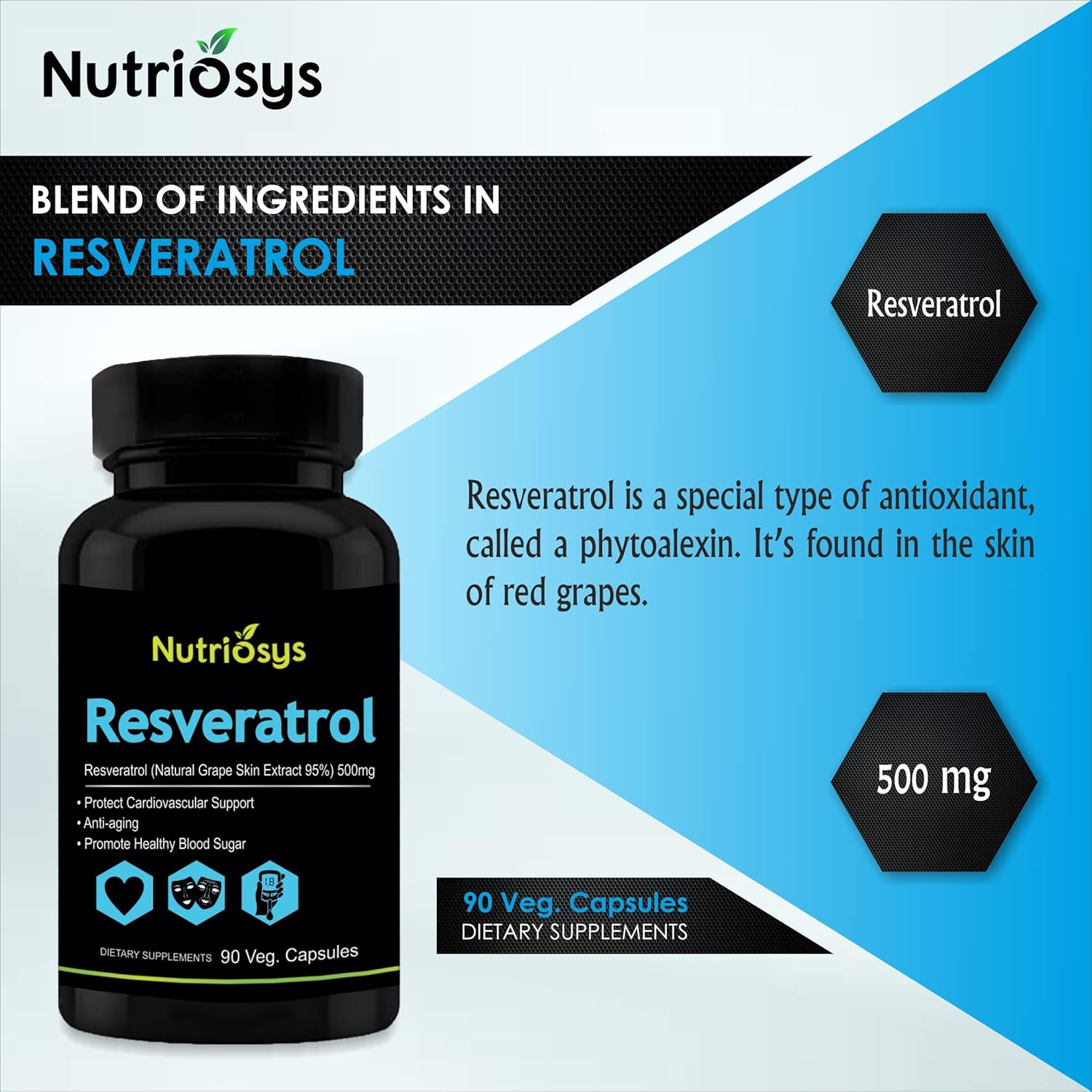 500mg Resveratrol Supplement - 90 Veg Capsules by Nutriosys
