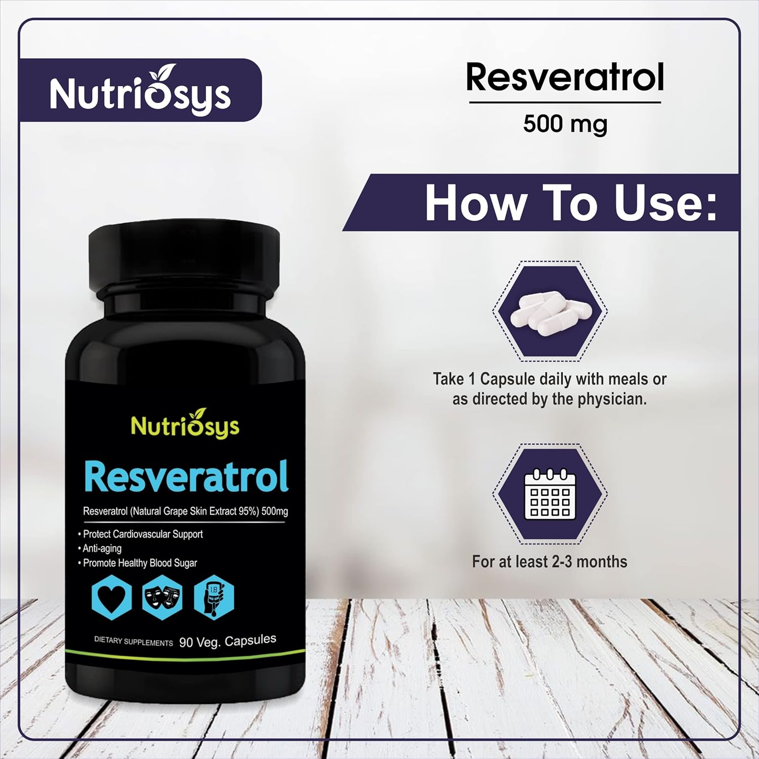 500mg Resveratrol Supplement - 90 Veg Capsules by Nutriosys