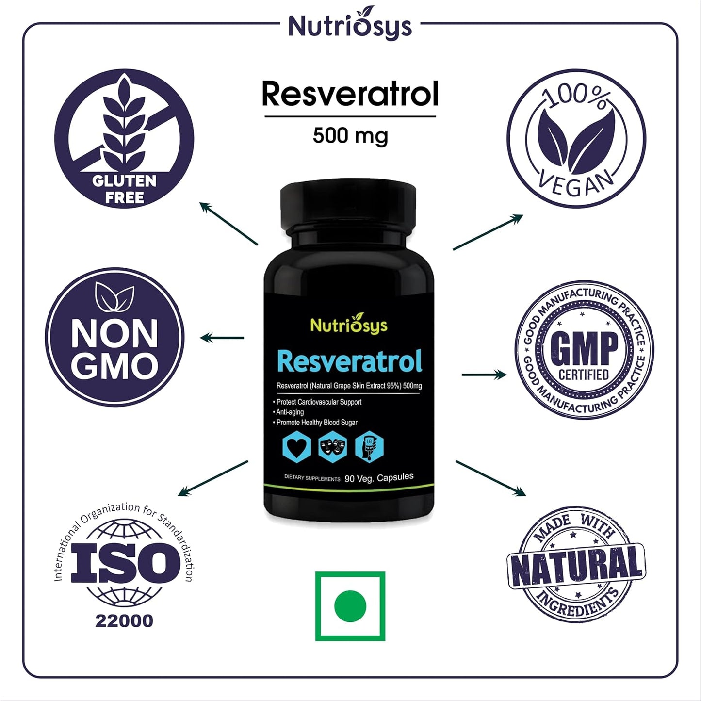 500mg Resveratrol Supplement - 90 Veg Capsules by Nutriosys