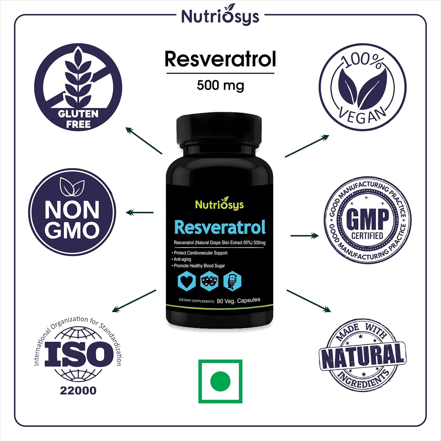 500mg Resveratrol Supplement - 90 Veg Capsules by Nutriosys