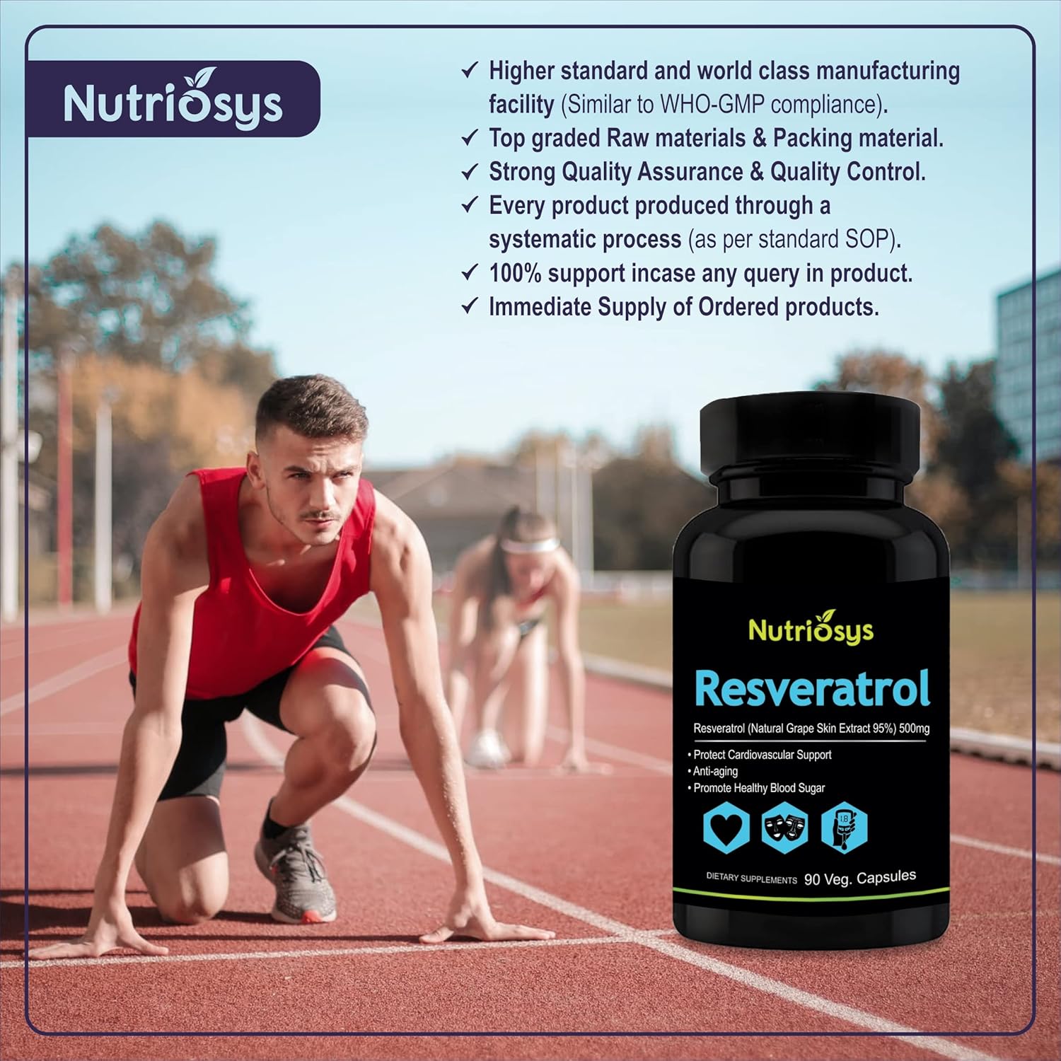 500mg Resveratrol Supplement - 90 Veg Capsules by Nutriosys