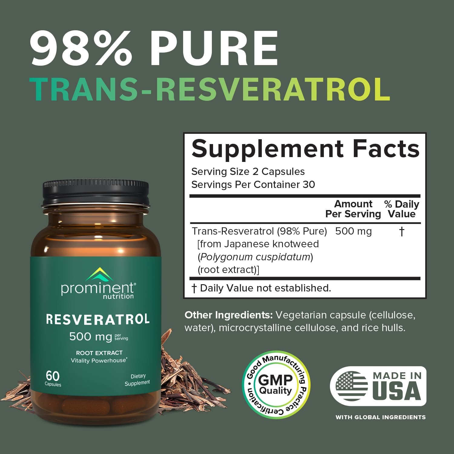 500mg Resveratrol Supplement for Anti-Aging & Immune Support - 30 Day Supply, 98% Pure Trans-Resveratrol