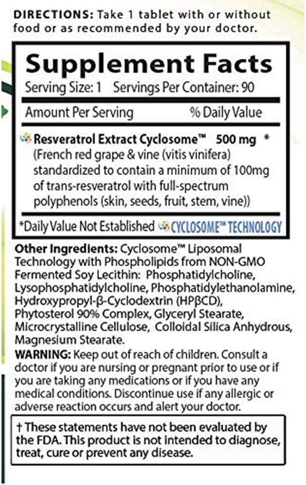 500mg Resveratrol Tablets with Advanced Liposomal Delivery | Non-GMO, Gluten Free, Vegetarian | 90 Tablets