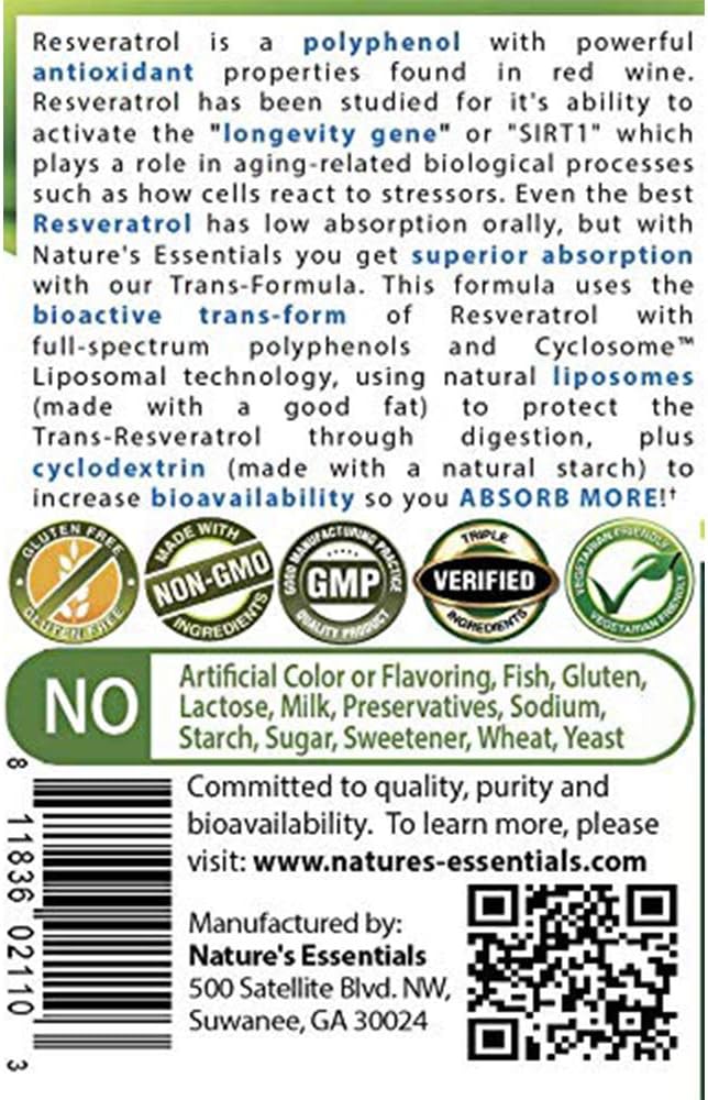 500mg Resveratrol Tablets with Advanced Liposomal Delivery | Non-GMO, Gluten Free, Vegetarian | 90 Tablets