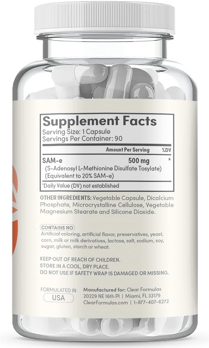 500mg SAM-e (S-Adenosyl Methionine) Supplement - 90 Capsules by ClearFormulas