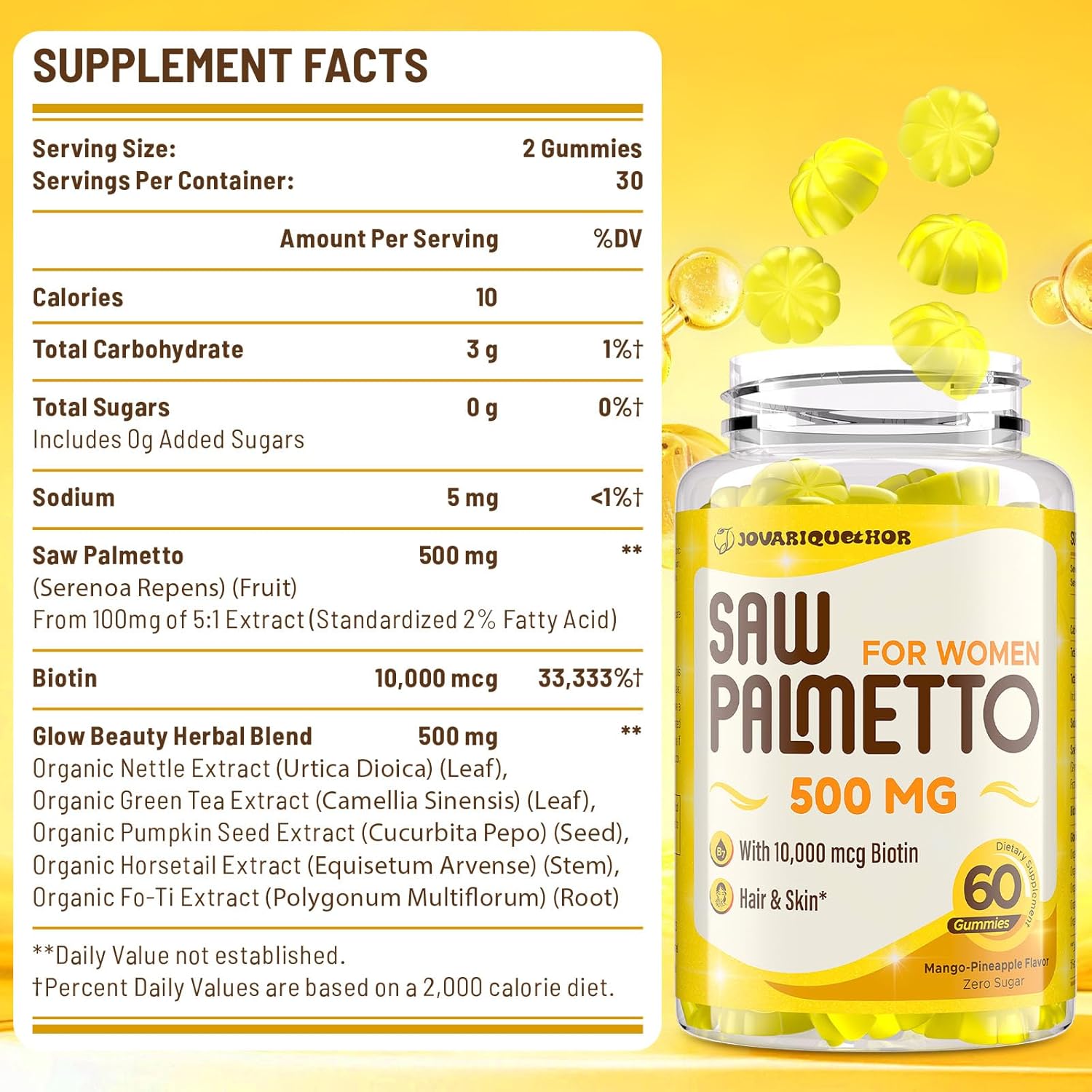 500mg Saw Palmetto Gummies for Women - Hair Growth & Urinary Wellness - Mango-Pineapple - 60 Gummies