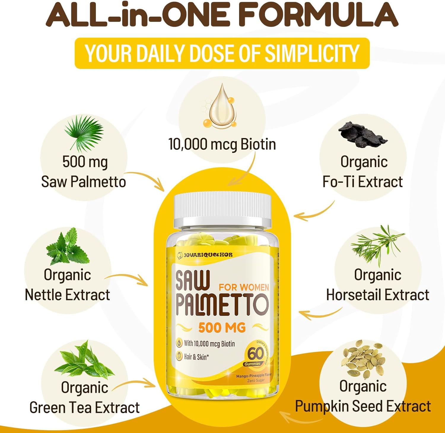 500mg Saw Palmetto Gummies for Women - Hair Growth & Urinary Wellness - Mango-Pineapple - 60 Gummies