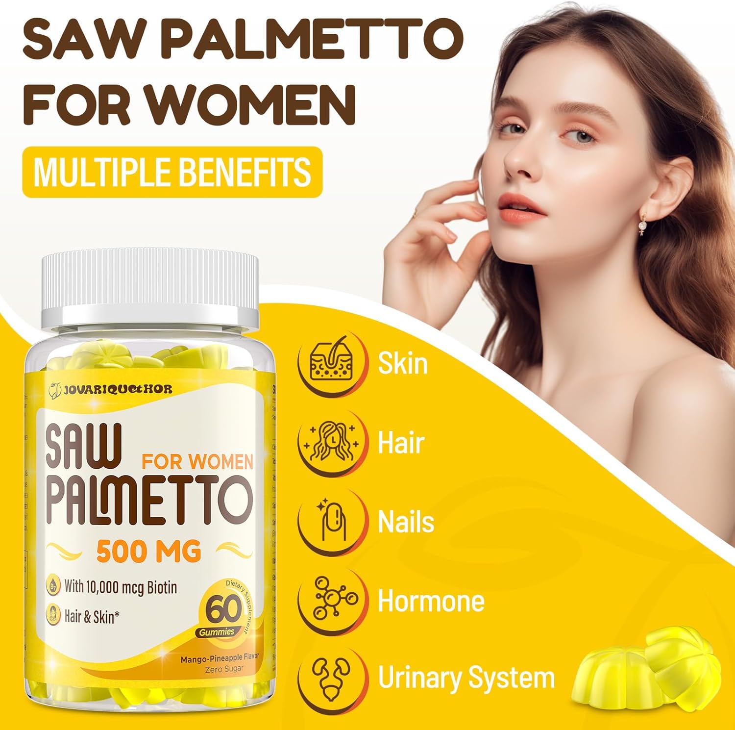 500mg Saw Palmetto Gummies for Women - Hair Growth & Urinary Wellness - Mango-Pineapple - 60 Gummies