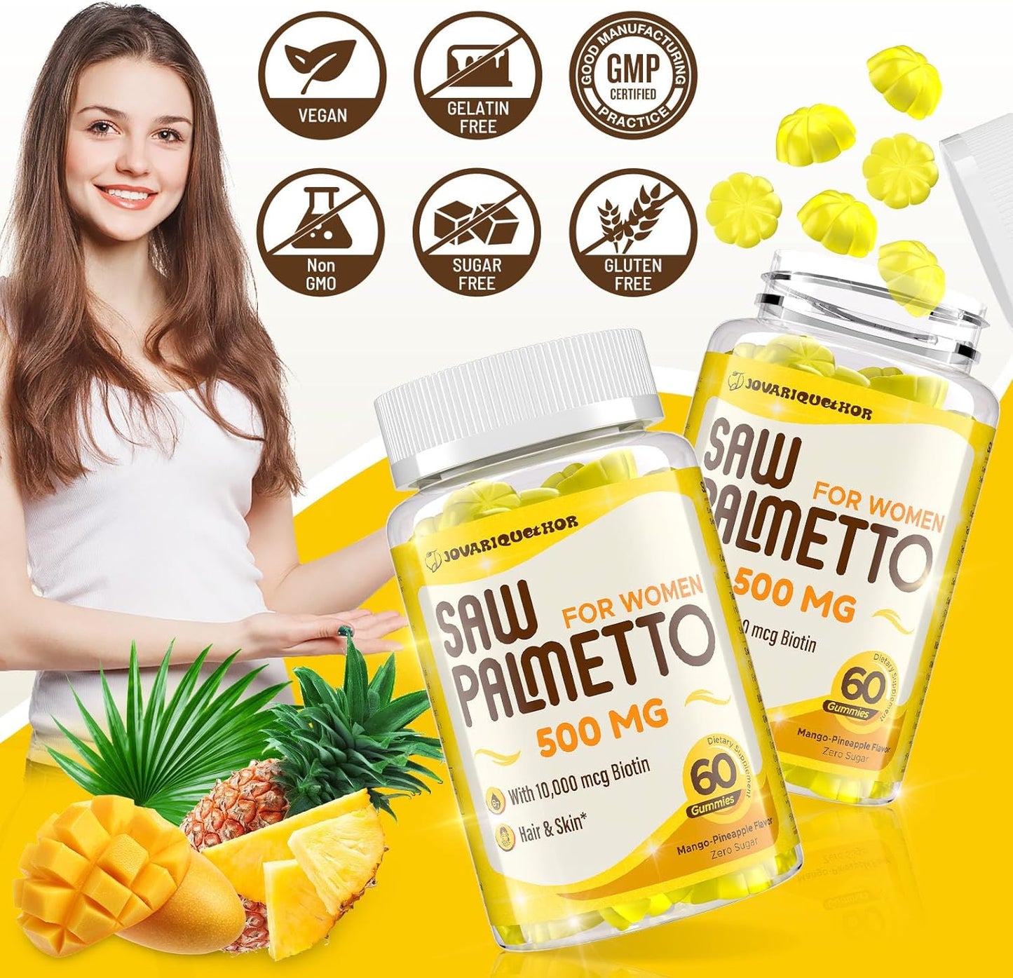 500mg Saw Palmetto Gummies for Women - Hair Growth & Urinary Wellness - Mango-Pineapple - 60 Gummies