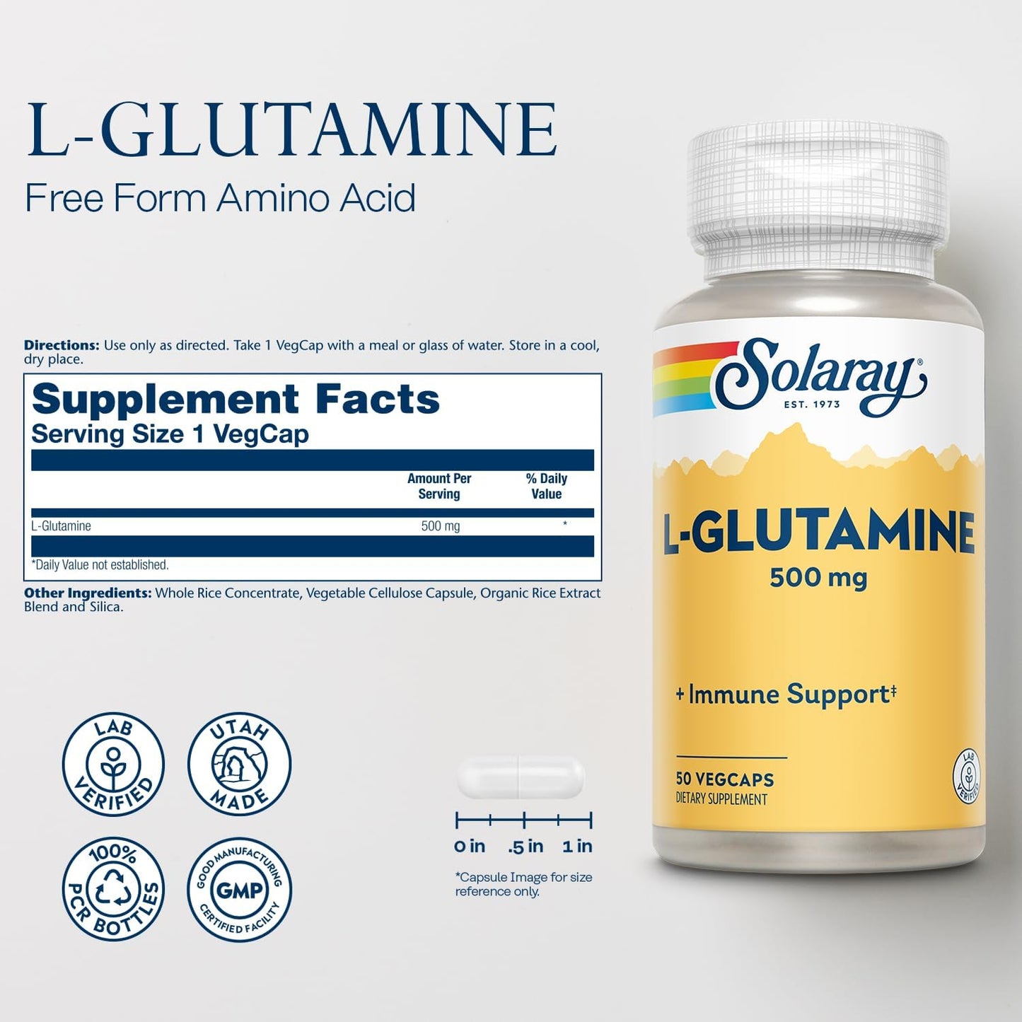 500mg Solaray L-Glutamine VegCaps for Muscle Recovery & Immune Support
