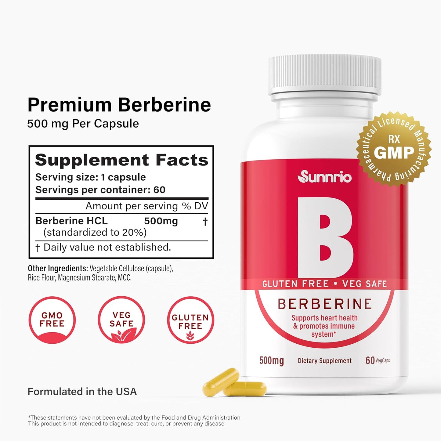 500mg Sunnrio Berberine HCL Capsules - Promotes Heart Health, Metabolism, and Immune Support - Non-GMO, Gluten-Free, Vegetarian - 60 Count