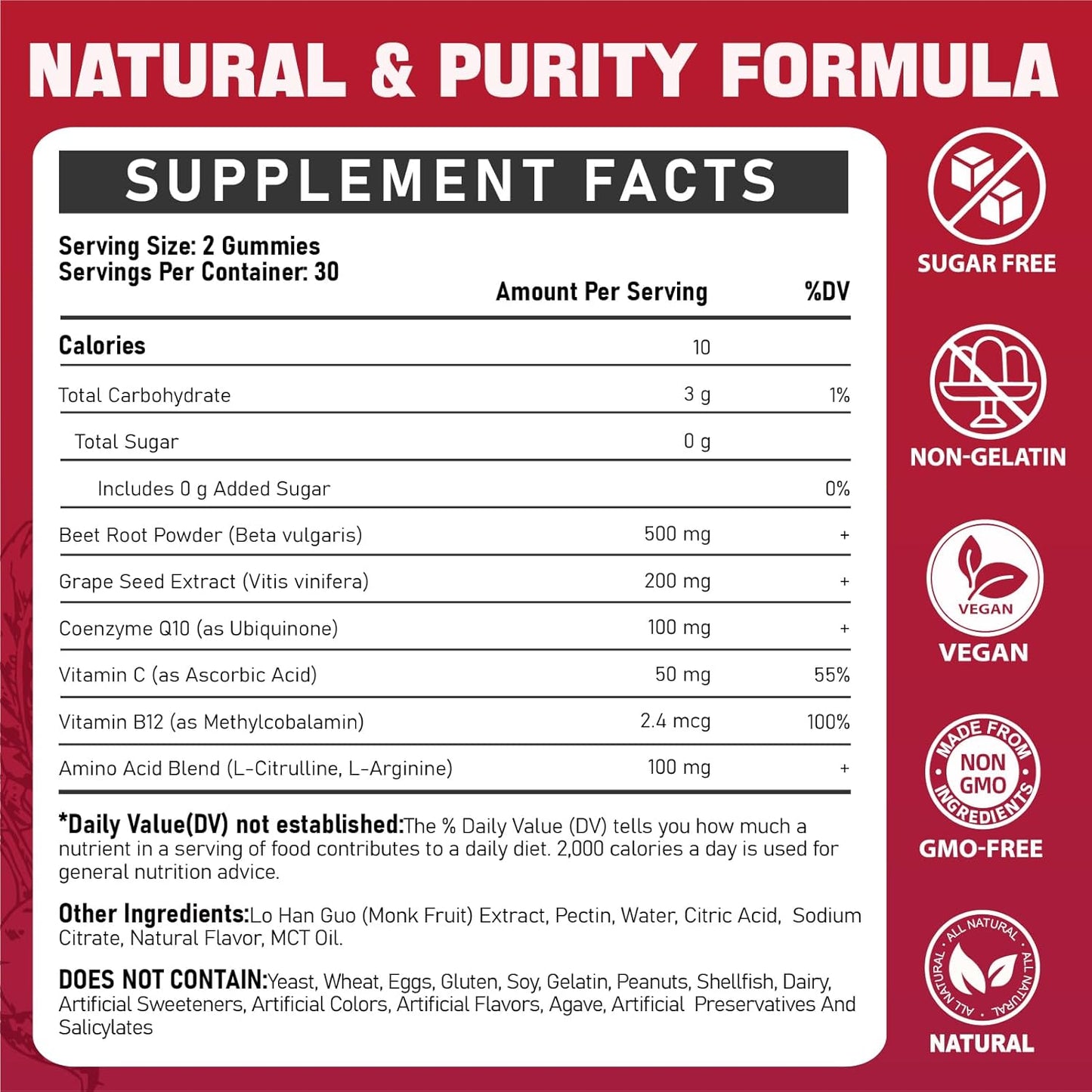 500mg Superbeet Beet Root Gummies with CoQ10, Grape Seed, Vitamin C - Antioxidant & Energy Support for Men & Women - Sugar Free Supplement