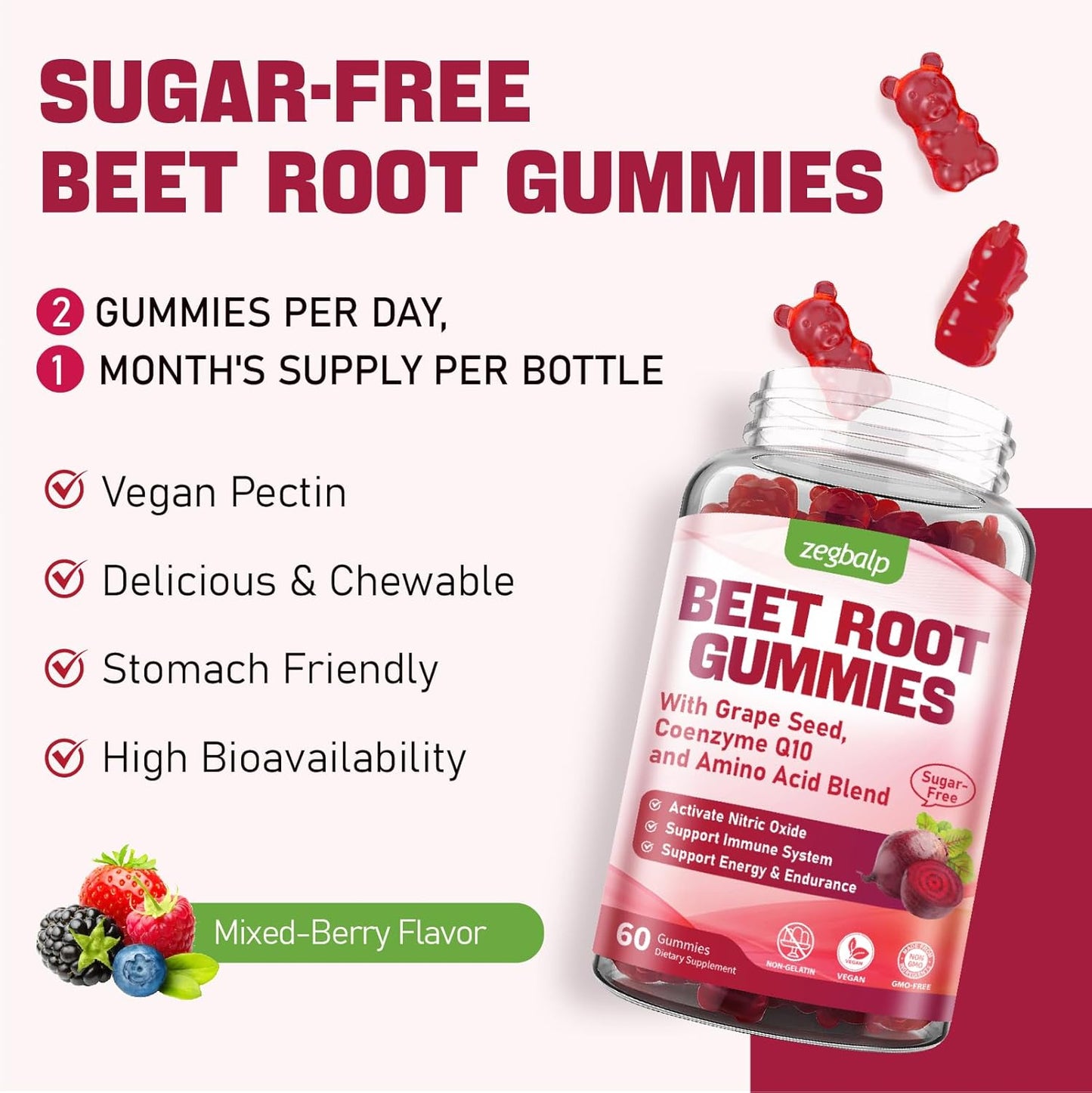 500mg Superbeet Beet Root Gummies with CoQ10, Grape Seed, Vitamin C - Antioxidant & Energy Support for Men & Women - Sugar Free Supplement