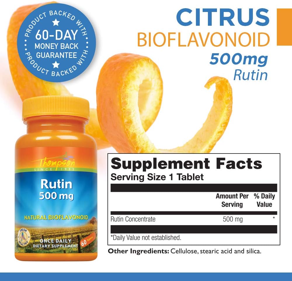 500mg Thompson Rutin Tablets - Bioflavonoid Antioxidant for Vascular Health - Non-GMO Vegan - Lab Verified - 60 Count