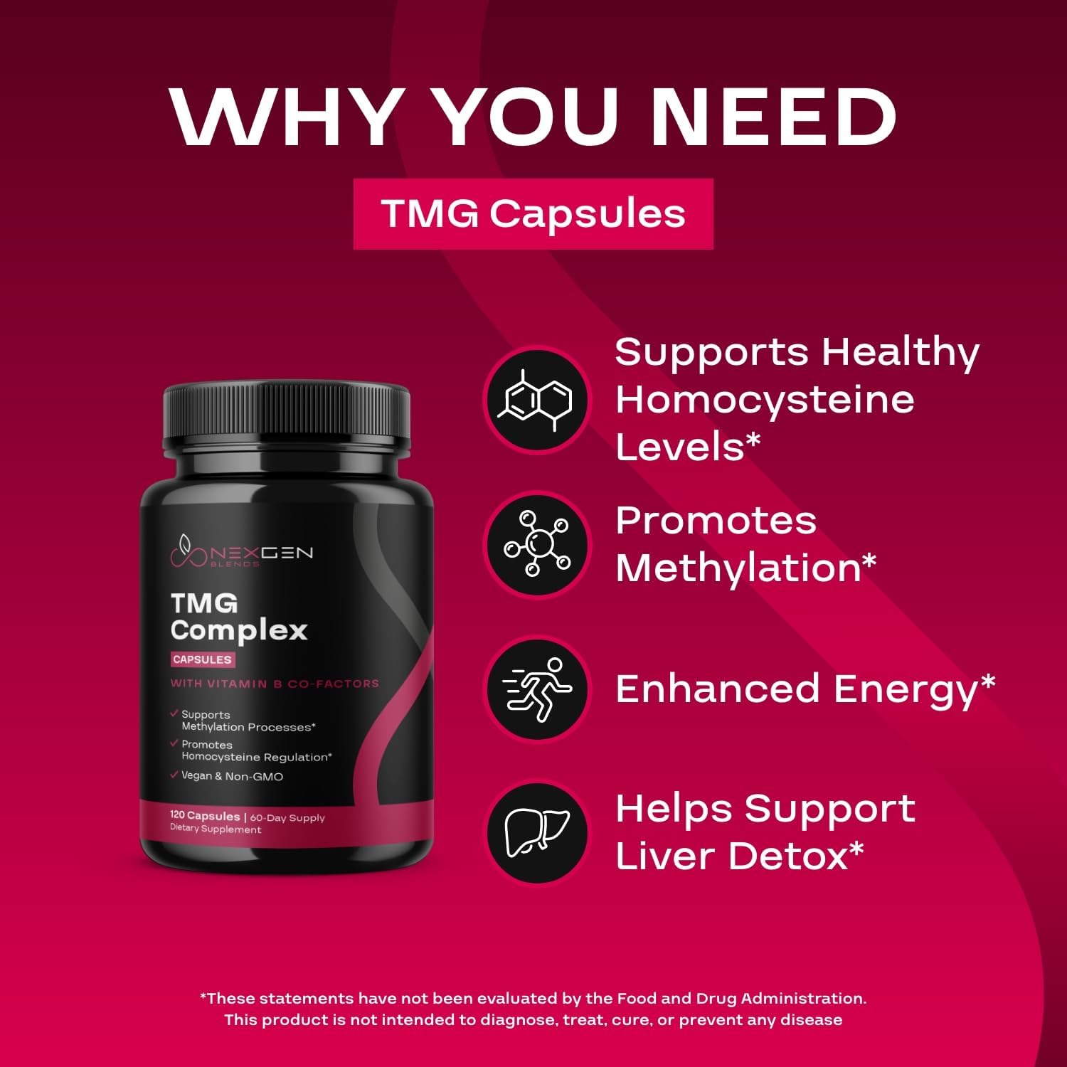 500mg TMG Trimethylglycine Supplement with Methyl B Complex - Heart & Liver Support - Vegan & Non-GMO - 2 Month Supply