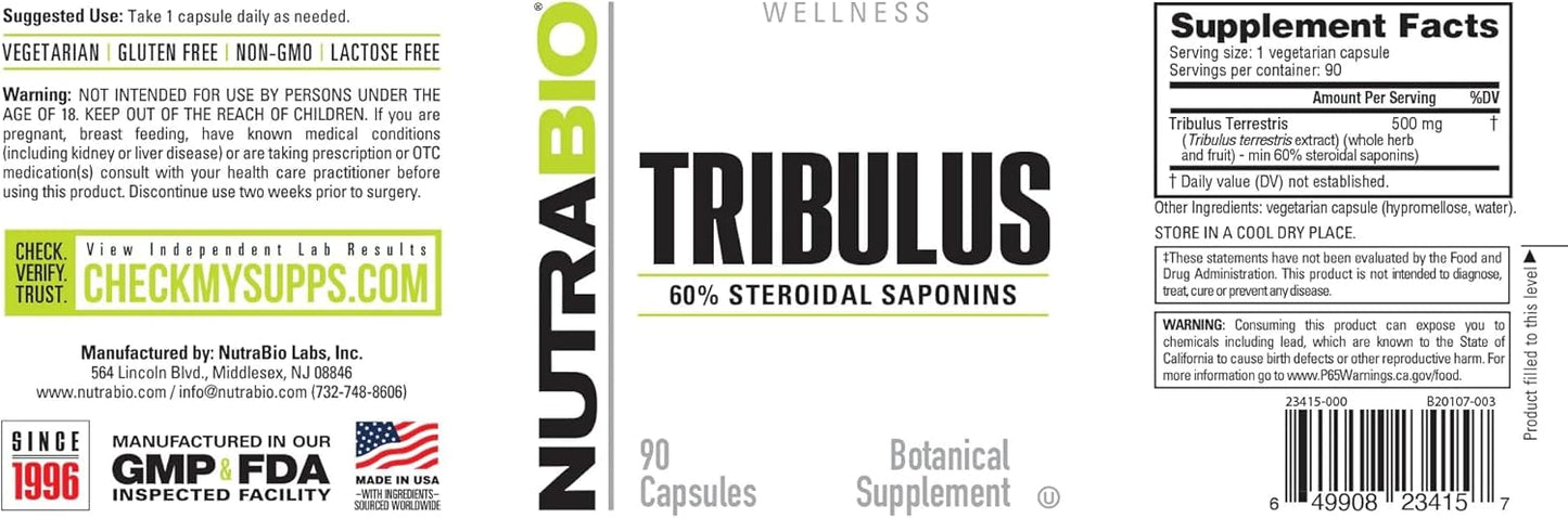 500mg Tribulus Terrestris Extract Supplement - Boost Vitality for Men and Women - 90 Capsules by NutraBio