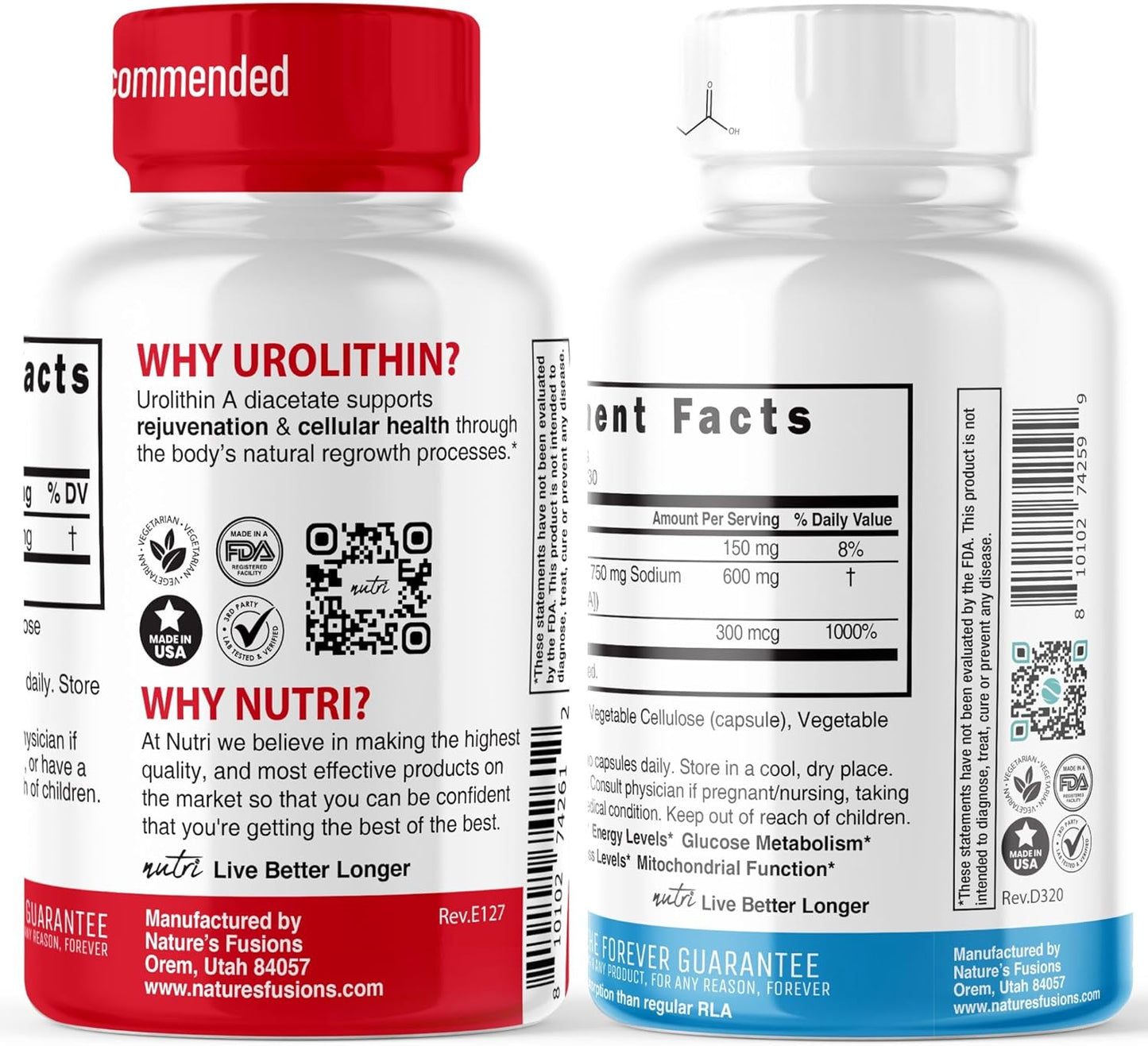 500mg Urolithin A Diacetate & 600mg R Alpha Lipoic Acid Capsules - Antioxidant/Energy Combo
