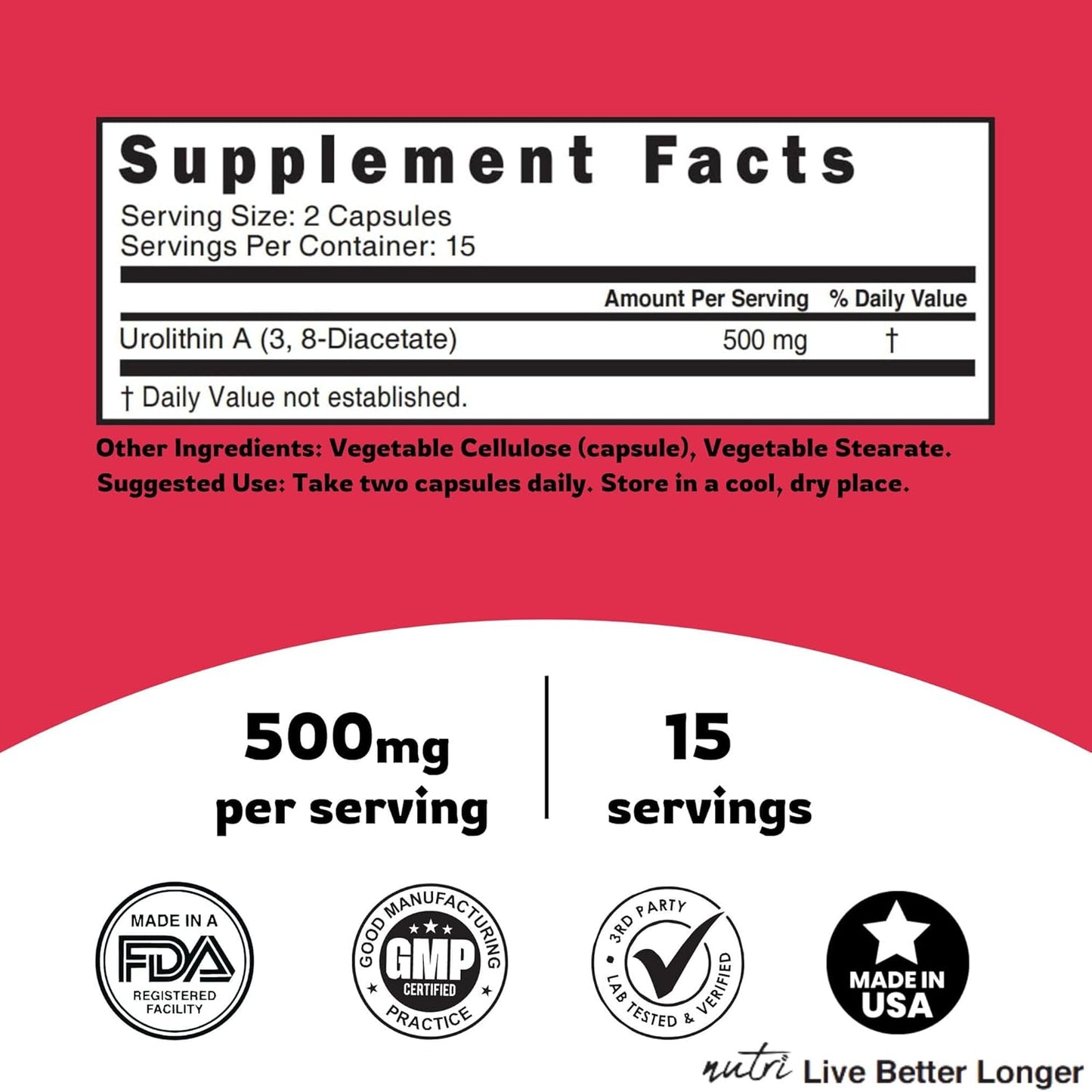 500mg Urolithin A Diacetate & 600mg R Alpha Lipoic Acid Capsules - Antioxidant/Energy Combo