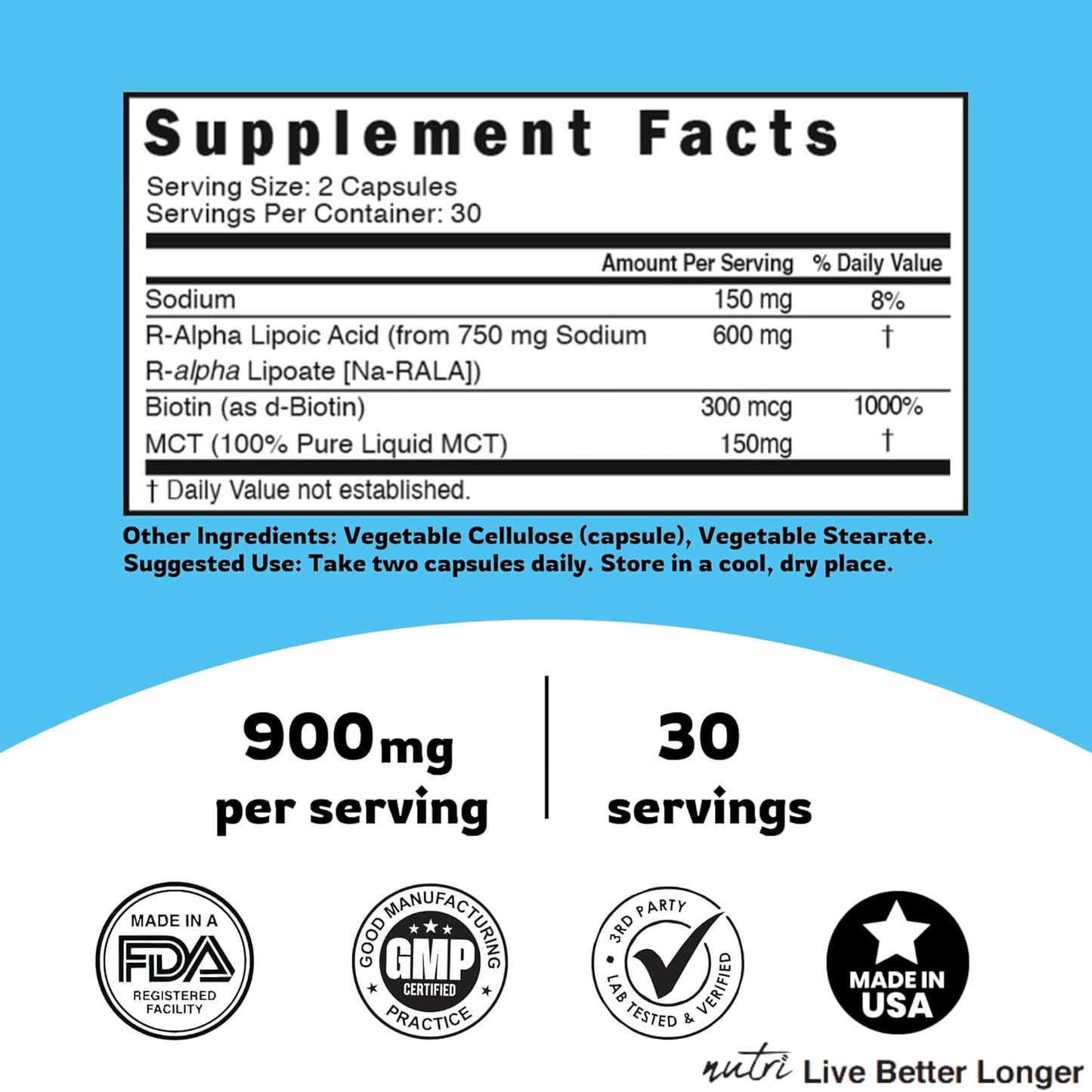500mg Urolithin A Diacetate & 600mg R Alpha Lipoic Acid Capsules - Antioxidant/Energy Combo