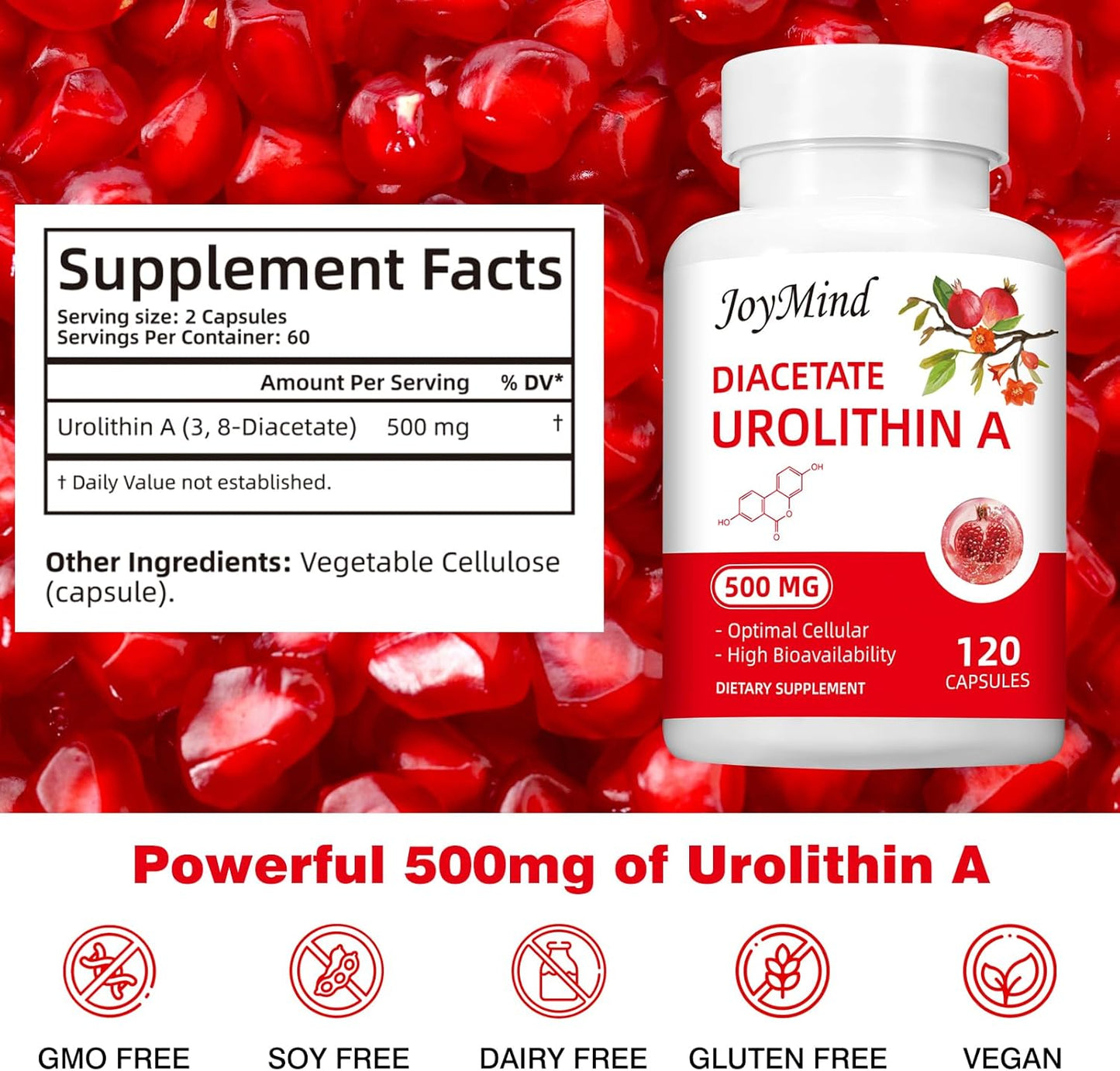 500mg Urolithin A Supplement with Pomegranate Extract - 120 Vegan Capsules for 2 Months