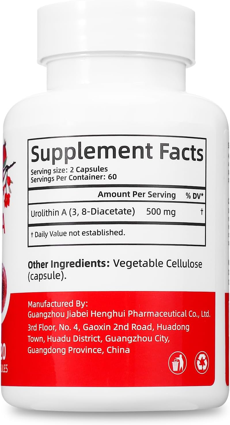 500mg Urolithin A Supplement with Pomegranate Extract - 120 Vegan Capsules for 2 Months