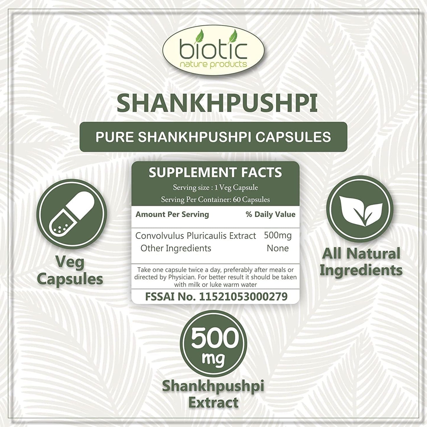 500mg Veena Biotic Shankhpushpi Extract Capsules - 60 Vegetarian Capsules for Enhanced Wellness
