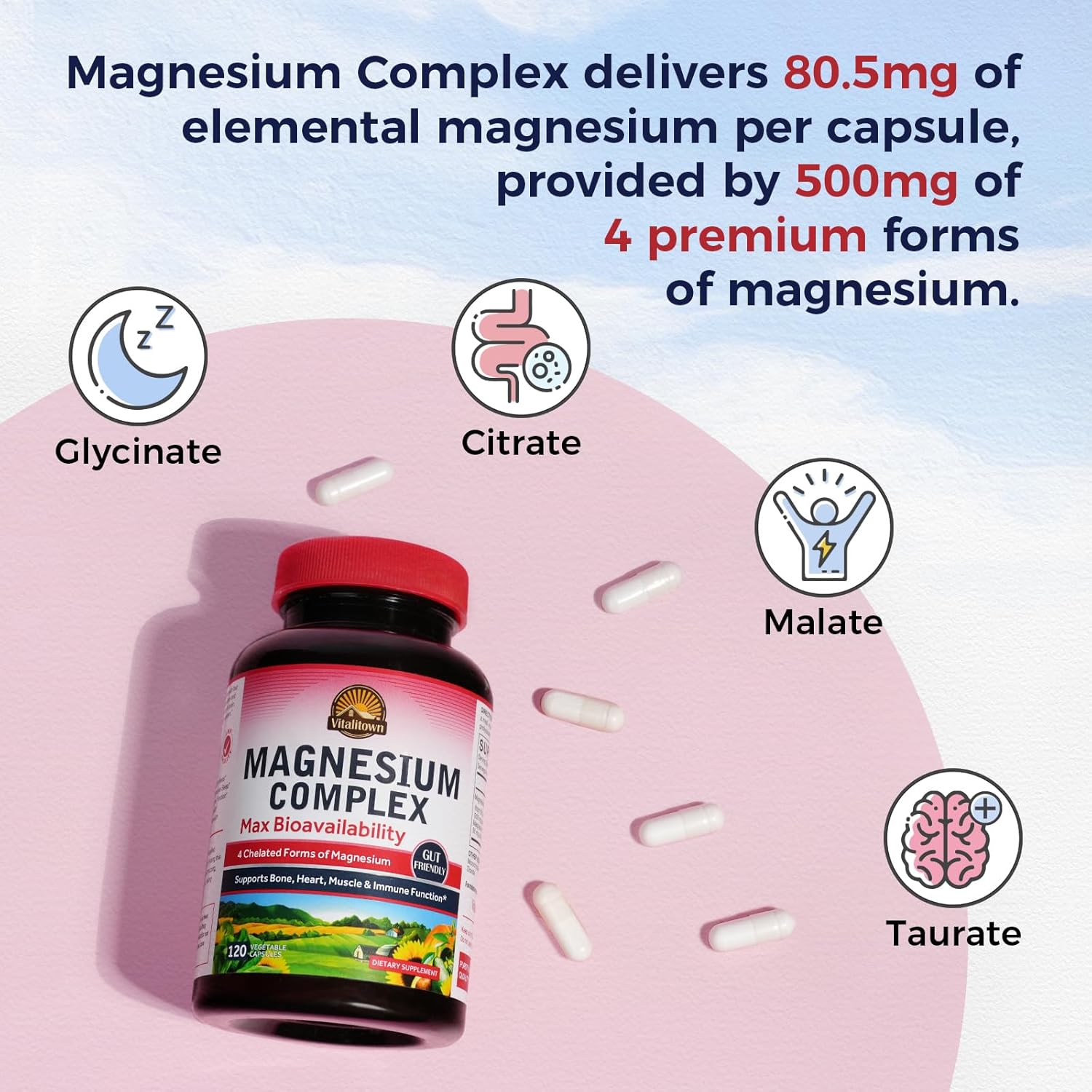 500mg Vitalitown Magnesium Complex Supplement with Chelated Glycinate, Malate, Taurate & Citrate - Vegan Non-GMO Capsules for Sleep, Muscle, Energy & Heart - 120 Count