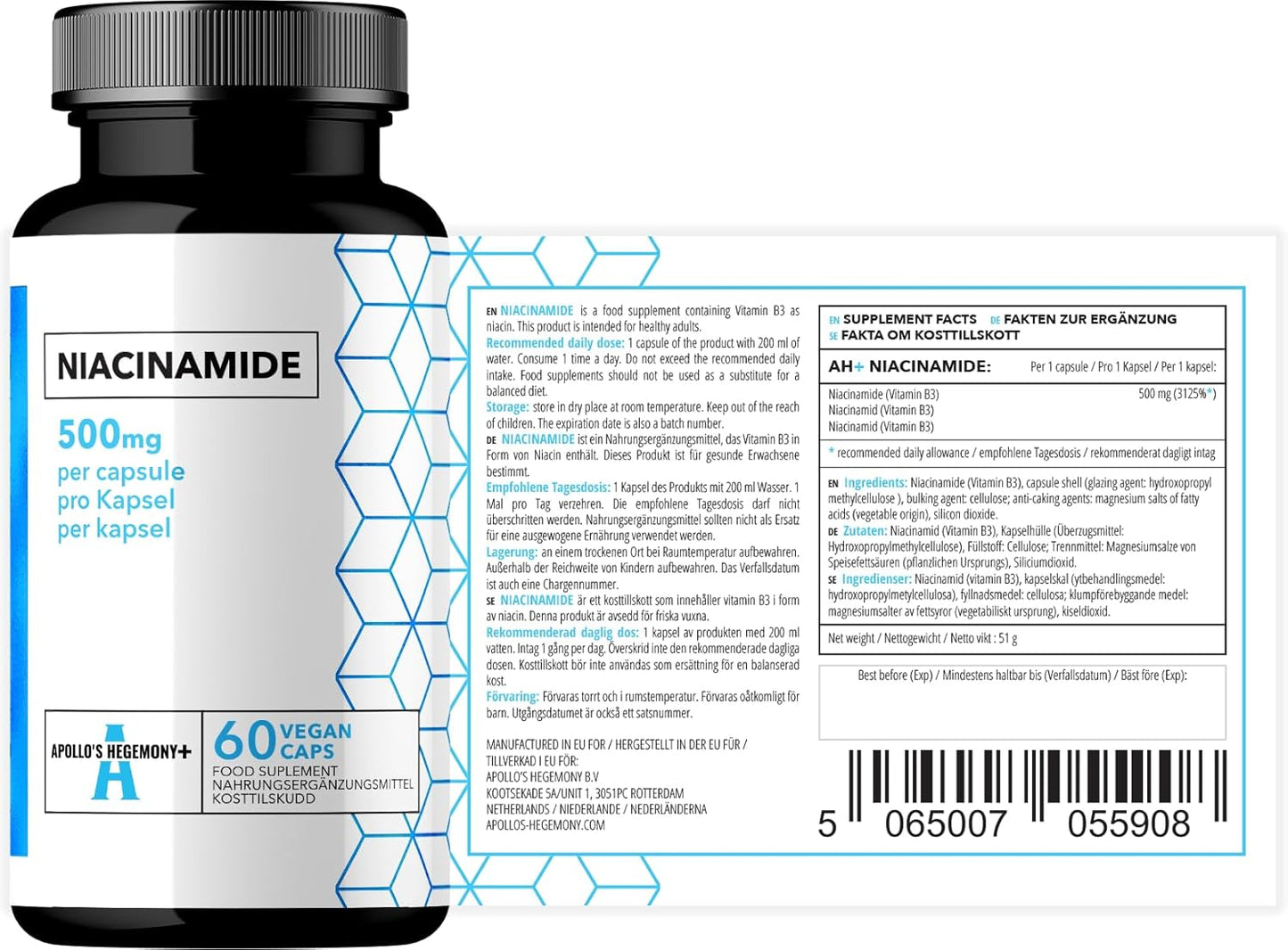 500mg Vitamin B3 (Niacinamide) Capsules - 60 Count - 2 Month Supply - Metabolism & Nerve Support Supplement