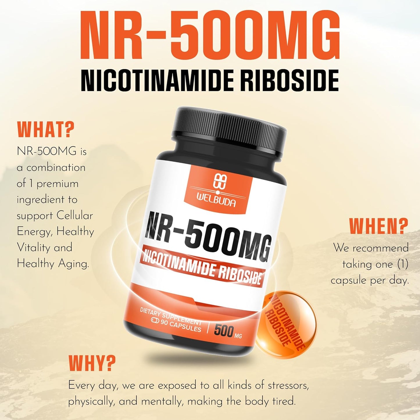 500mg Welbuda NAD+ Supplement - Cellular Energy & Repair, Healthy Aging - 90 Capsules
