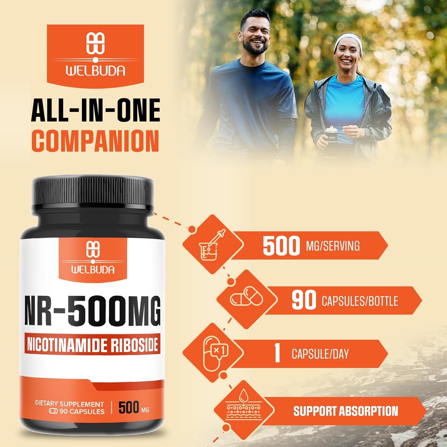 500mg Welbuda NAD+ Supplement - Cellular Energy & Repair, Healthy Aging - 90 Capsules