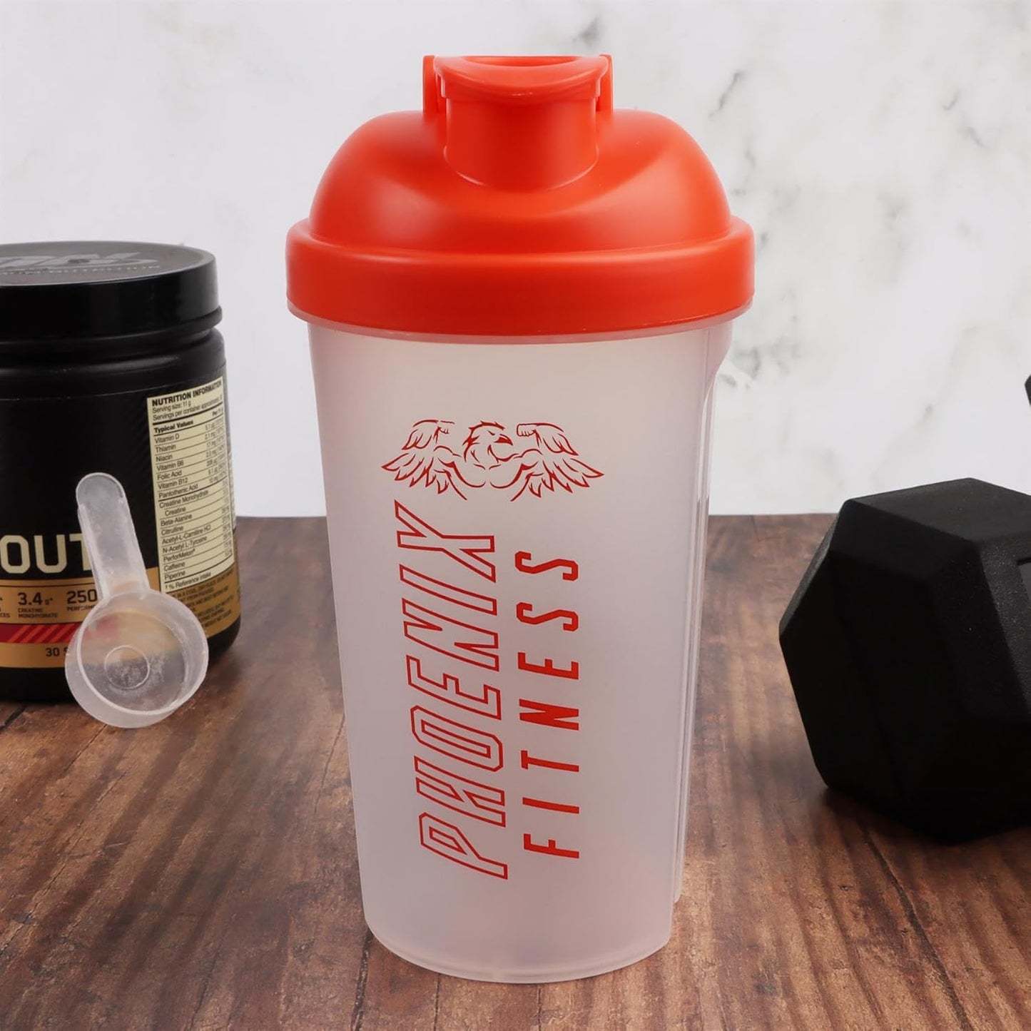 500ml Phoenix Fitness Protein Shaker Bottle - Leakproof Screw Top Lid, Mesh Grid, BPA Free, Dishwasher Safe - Orange Sports & Gym Bottle