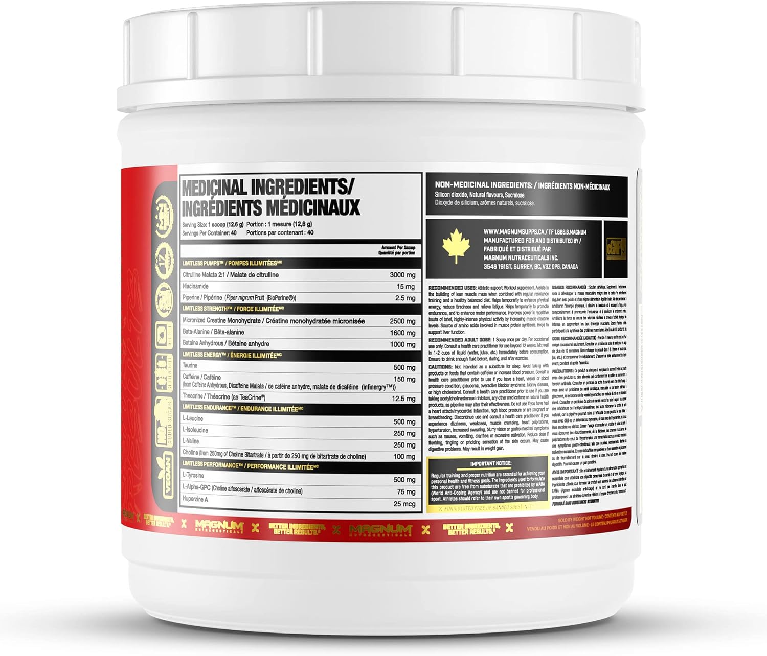 504g Limitless Magnum Creatine Monohydrate Pre Workout Powder - Energy, Focus, Endurance, Muscle Recovery, Growth - Beta Alanine, Electrolytes - Fruit Punch Flavor, Men & Women, Sugar Free
