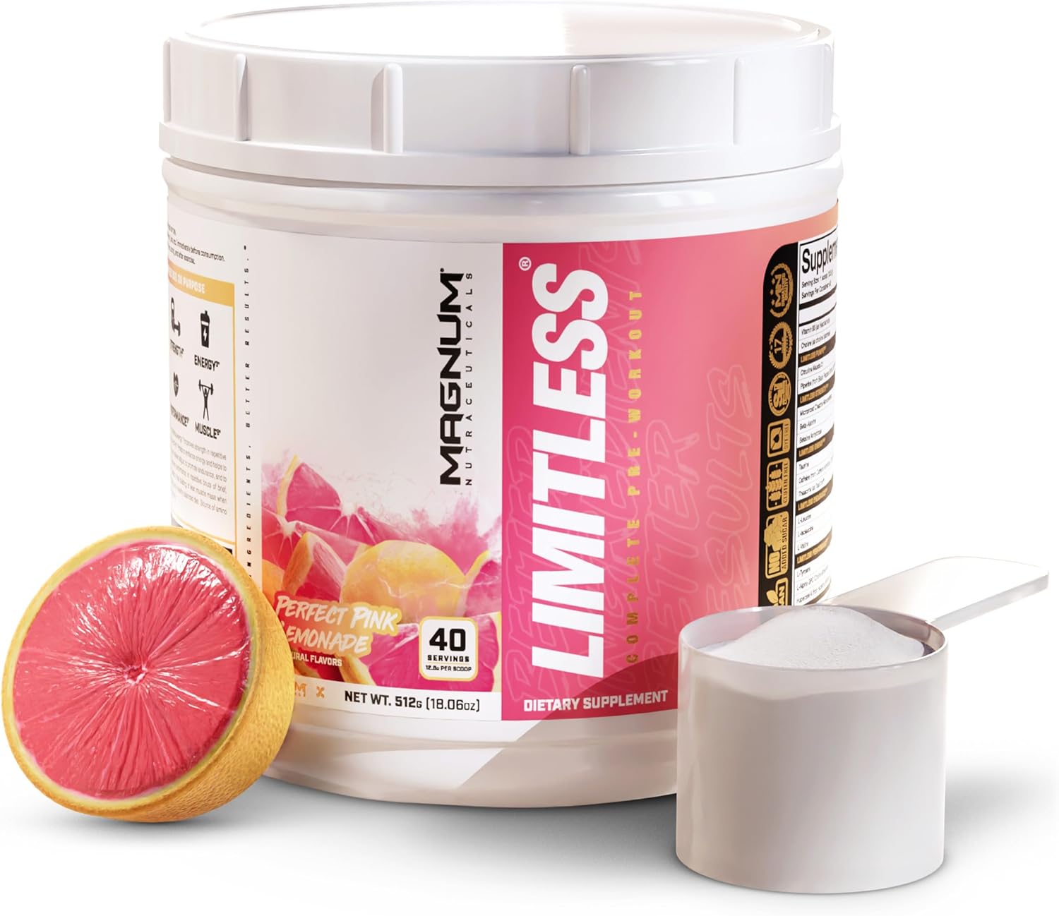 504g LIMITLESS Magnum Pink Lemonade Muscle Workout Powder for Men and Women - Supports Increased Energy, Focus, & Endurance