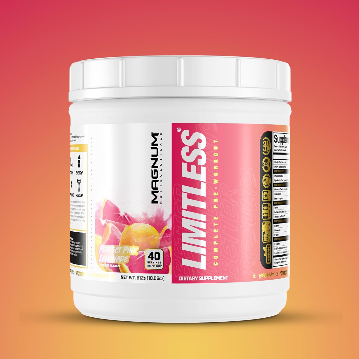 504g LIMITLESS Magnum Pink Lemonade Muscle Workout Powder for Men and Women - Supports Increased Energy, Focus, & Endurance
