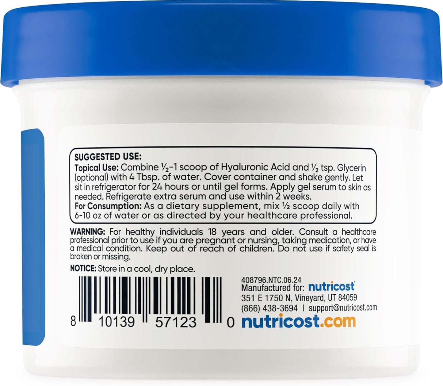 50g Nutricost Hyaluronic Acid Powder - Water Soluble, Fine Powder, Gluten-Free, Non-GMO Formula