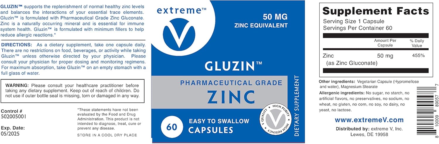 50MG Pharmaceutical Grade Zinc V Gluzin - Extreme Vegan-Friendly Formula