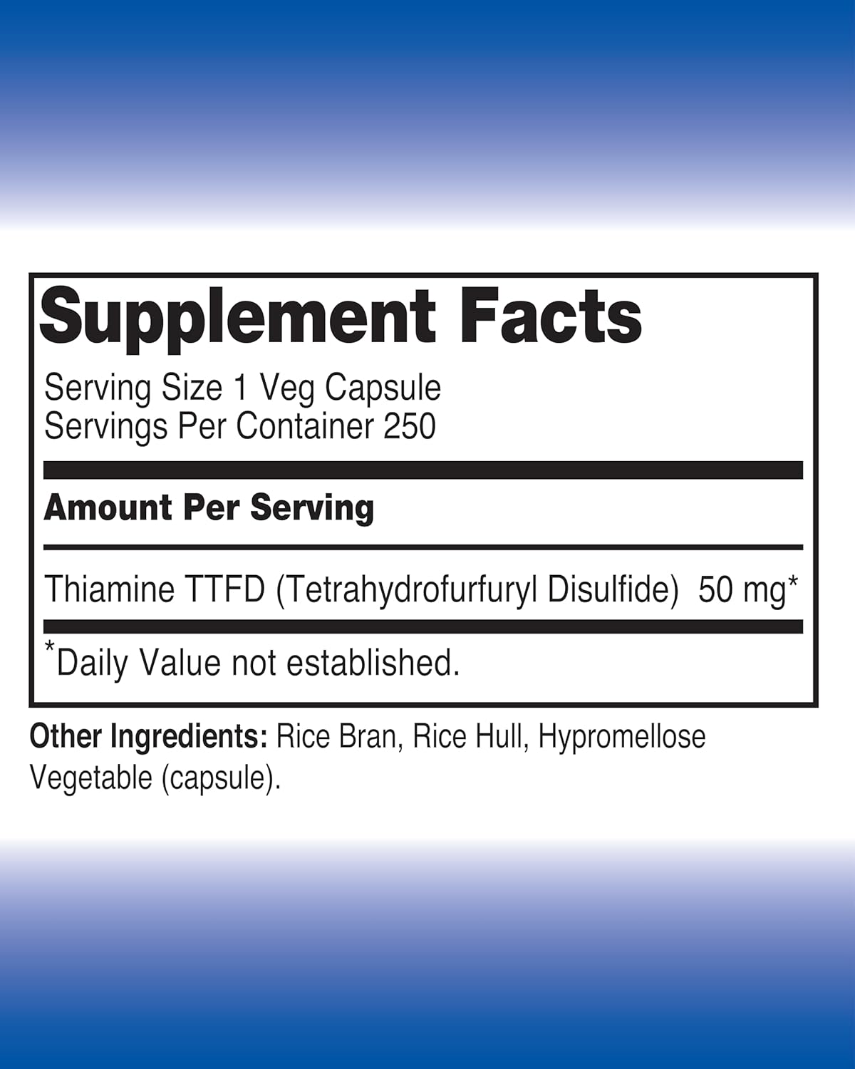 50mg Thiamine TTFD Capsules - Integrative Healing Vitamin B1 Supplement for Vegans - Non GMO with No Artificial Fillers - 250 Capsules
