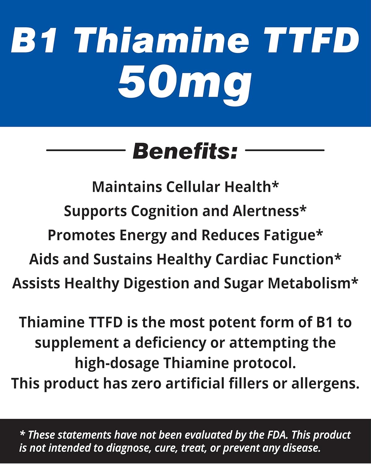 50mg Thiamine TTFD Capsules - Integrative Healing Vitamin B1 Supplement for Vegans - Non GMO with No Artificial Fillers - 250 Capsules