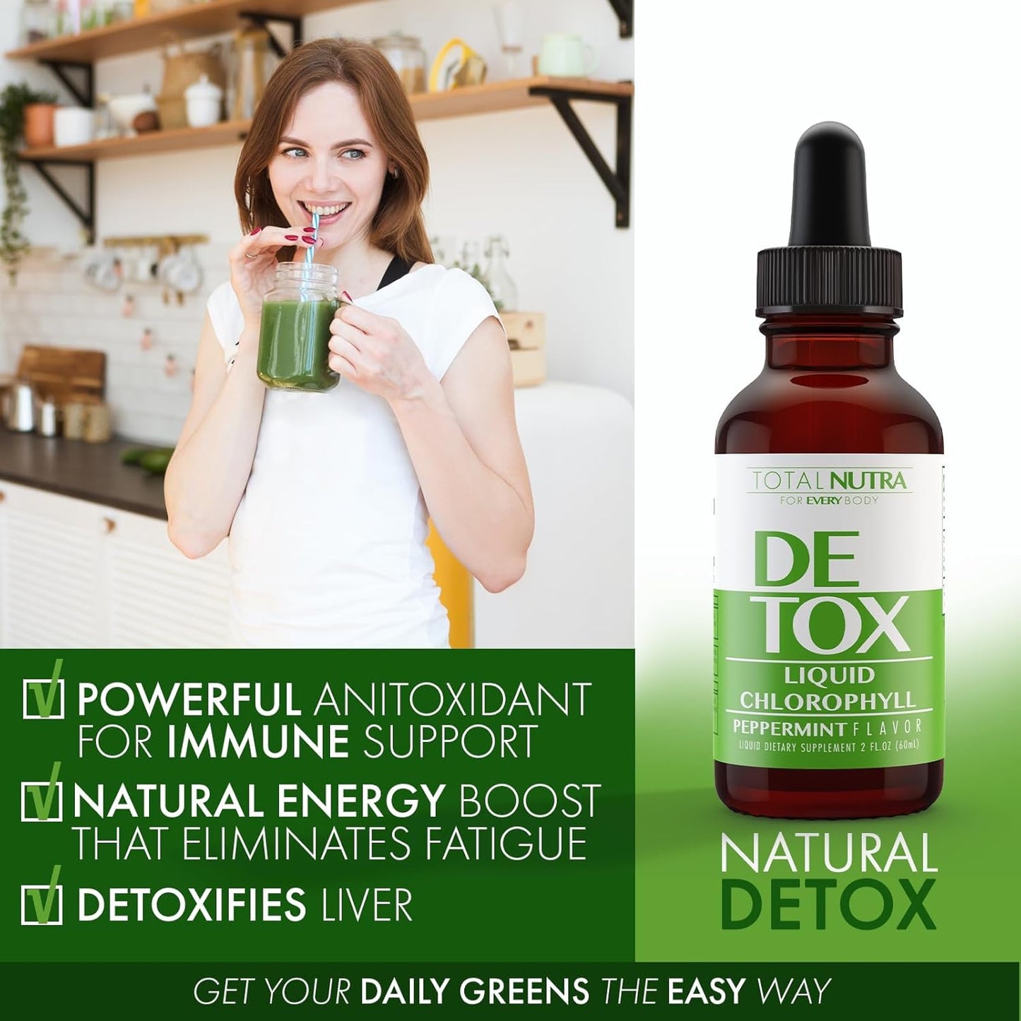 50mg Vegan Liquid Chlorophyll Drops for Energy Boost, Immune Support, Skin Care, Mint Flavor - 2 Pack - Non-GMO, Gluten Free