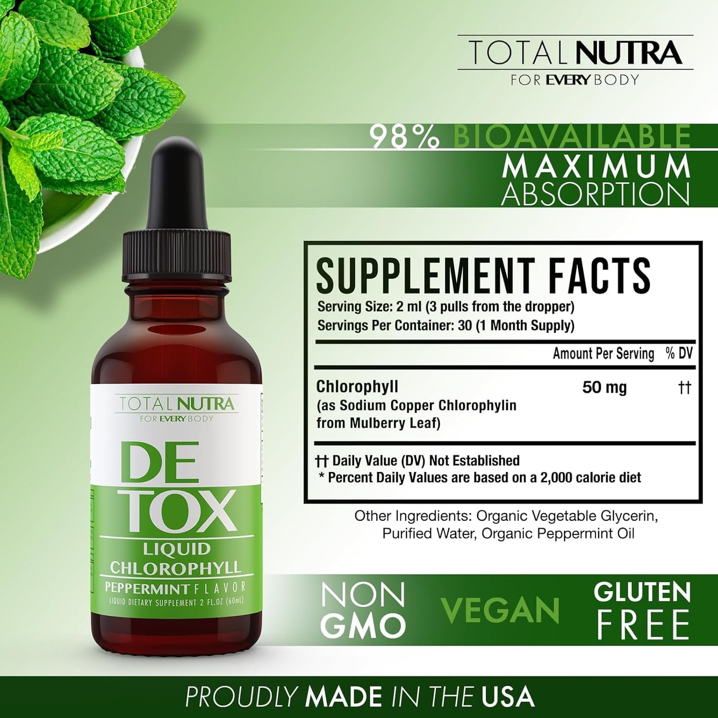 50mg Vegan Liquid Chlorophyll Drops for Energy Boost, Immune Support, Skin Care, Mint Flavor - 2 Pack - Non-GMO, Gluten Free