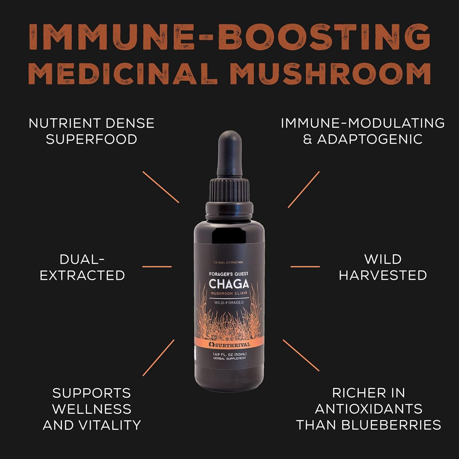 50mL SurThrival Chaga Mushroom Extract: Forager's Immune-Boosting Anti-Viral & Anti-Fungal Medicinal Supplement