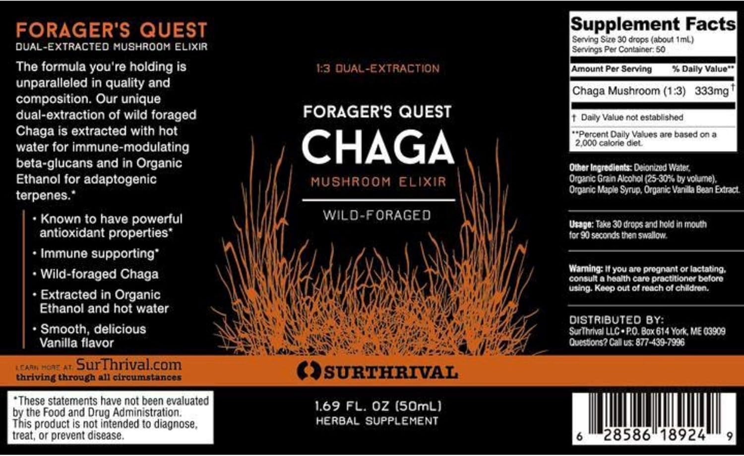50mL SurThrival Chaga Mushroom Extract: Forager's Immune-Boosting Anti-Viral & Anti-Fungal Medicinal Supplement