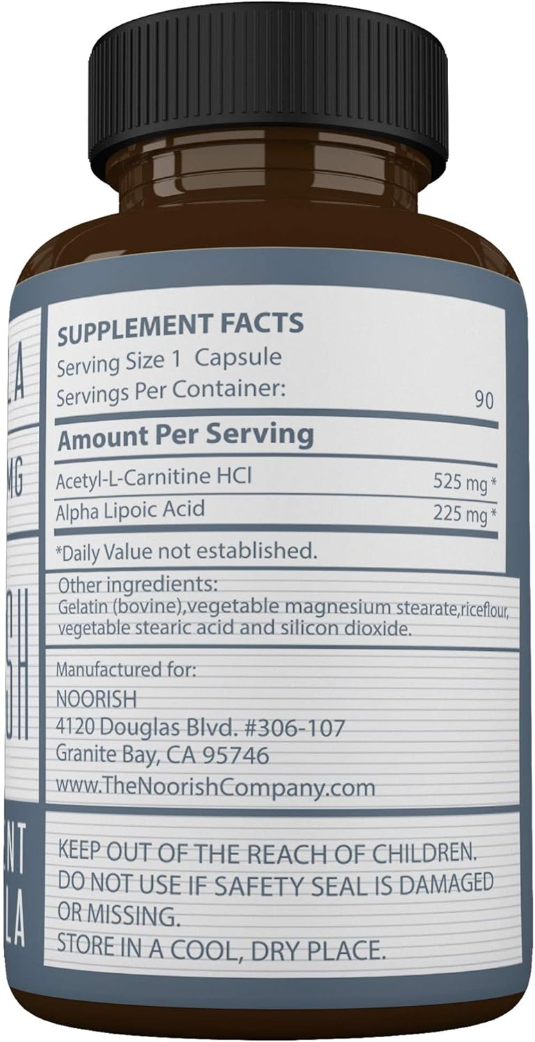 525mg Acetyl L-Carnitine & 225mg Alpha Lipoic Acid Capsules - NOORISH ALA ALC ALCAR - 90 Capsules