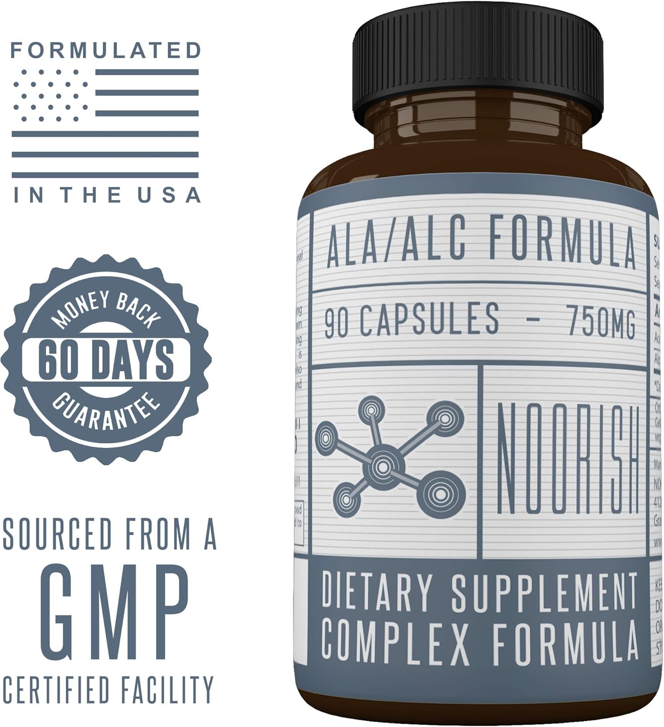 525mg Acetyl L-Carnitine & 225mg Alpha Lipoic Acid Capsules - NOORISH ALA ALC ALCAR - 90 Capsules