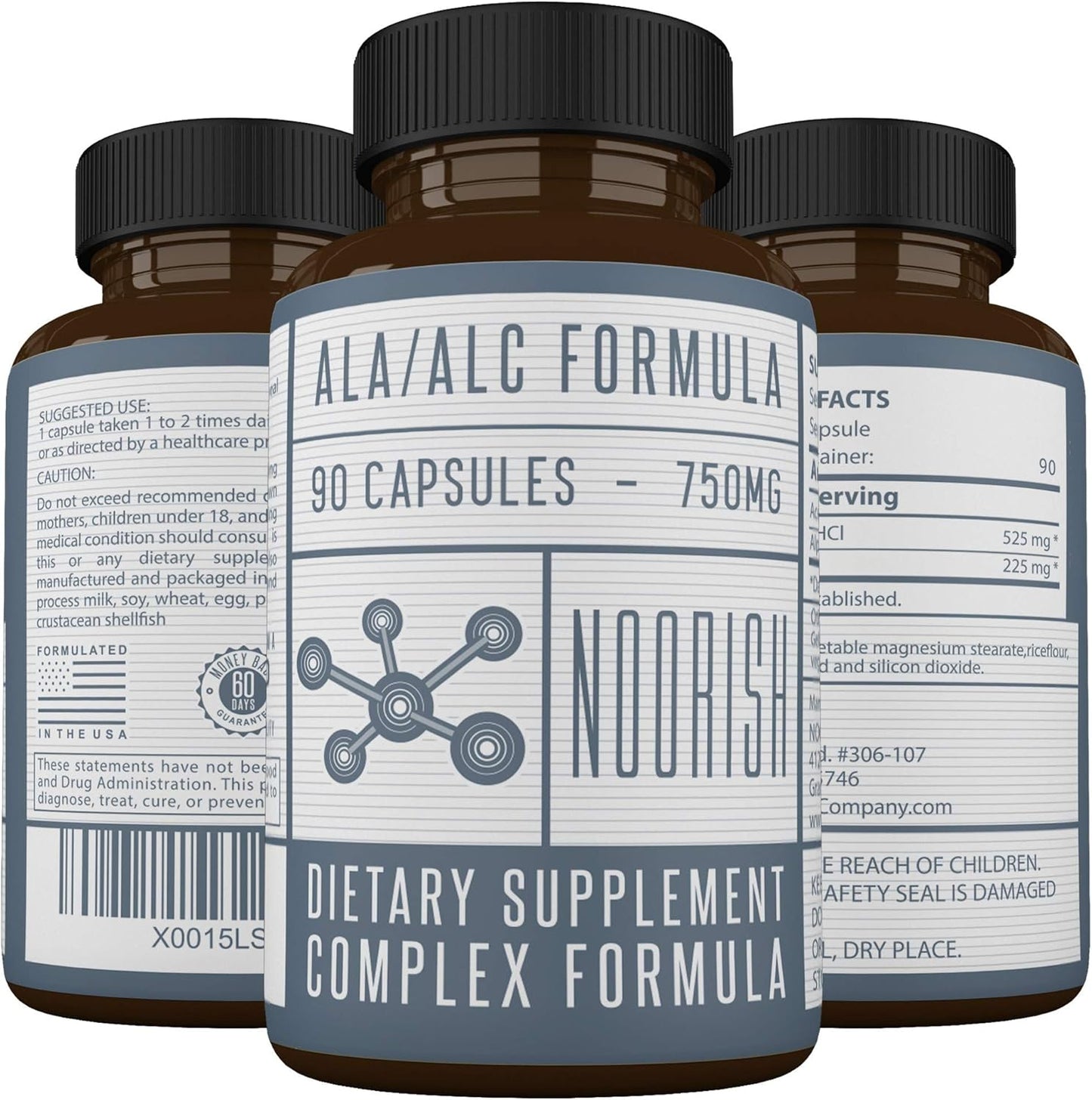 525mg Acetyl L-Carnitine & 225mg Alpha Lipoic Acid Capsules - NOORISH ALA ALC ALCAR - 90 Capsules