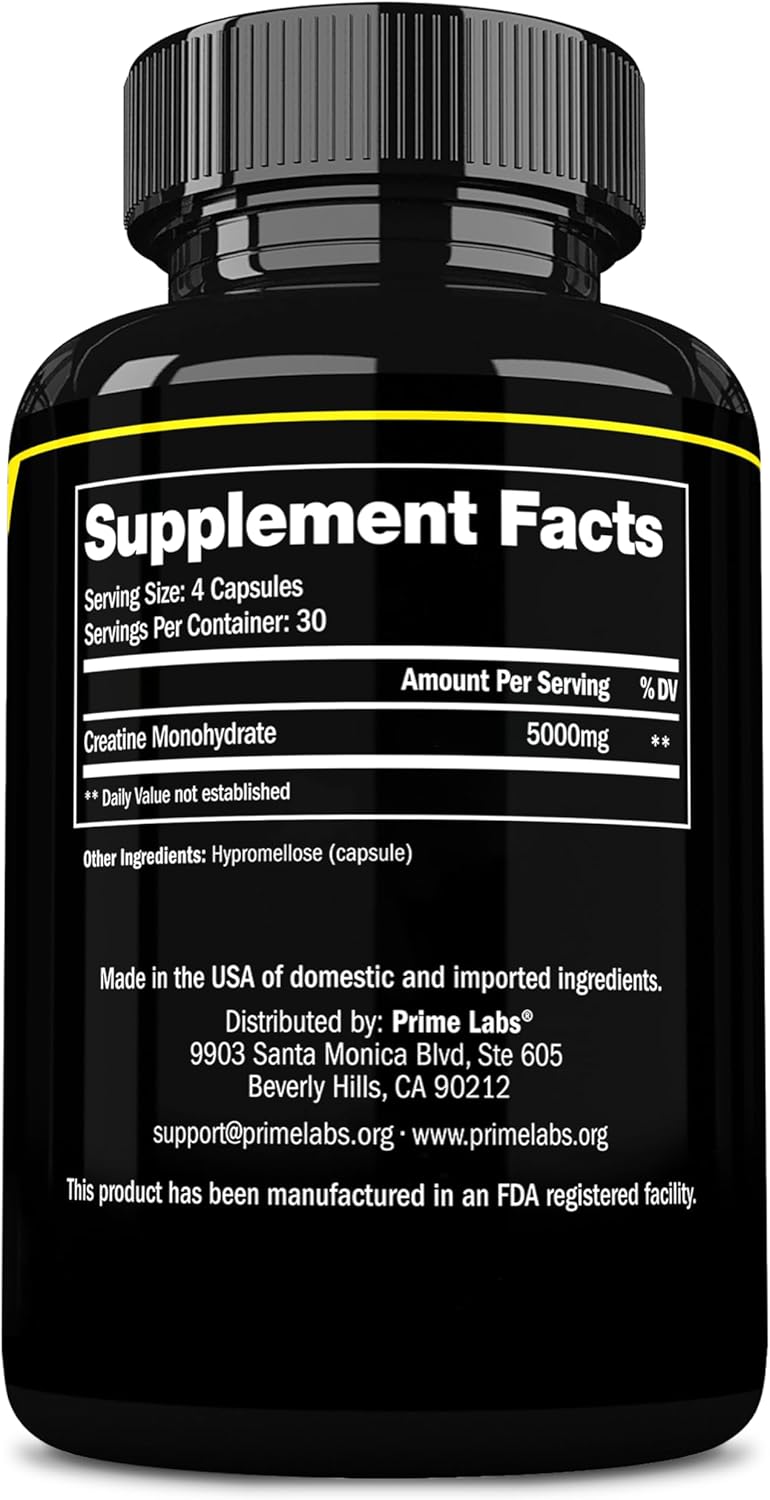 5g Creatine Monohydrate Capsules for Muscle Growth & Recovery - Prime Labs - 120 Count - Men & Women - Brain Function Support