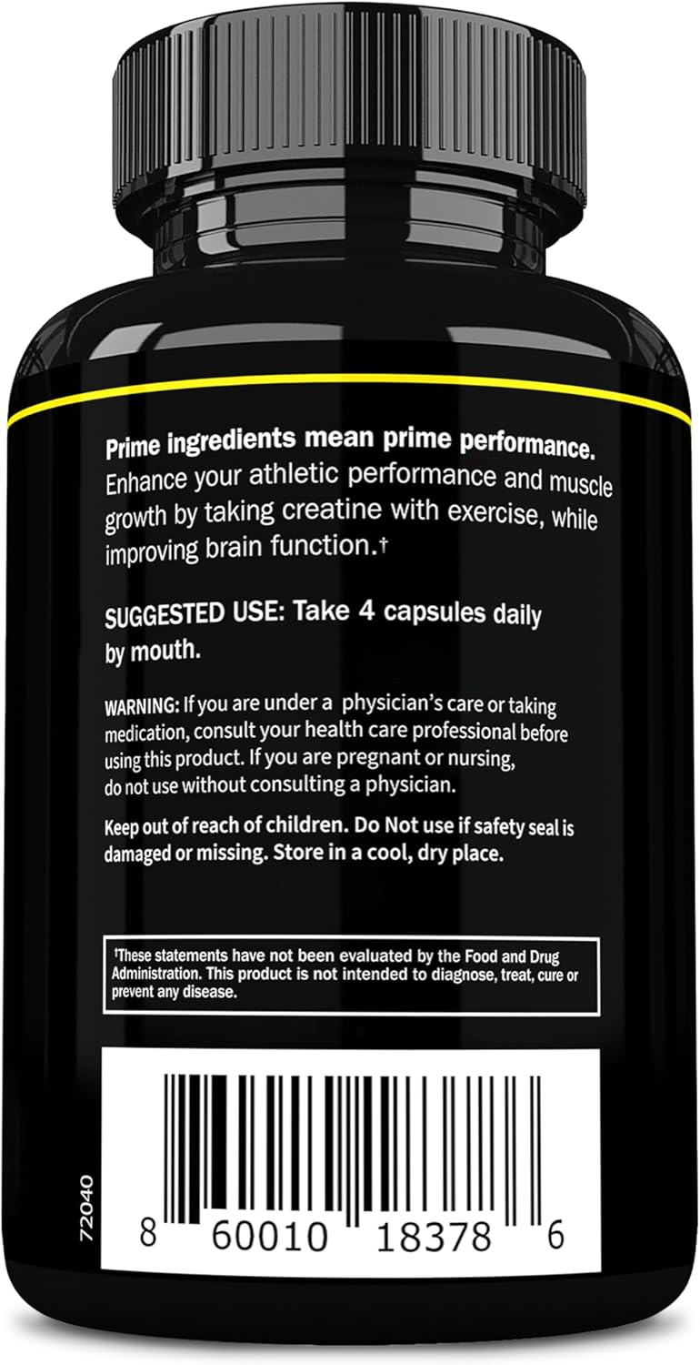 5g Creatine Monohydrate Capsules for Muscle Growth & Recovery - Prime Labs - 120 Count - Men & Women - Brain Function Support